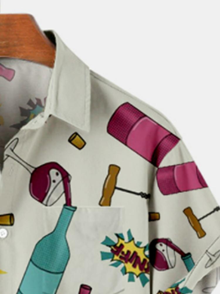 Mens Print Cartoon Bottles Summer Short Sleeve Shirts Hawaiian Shirt