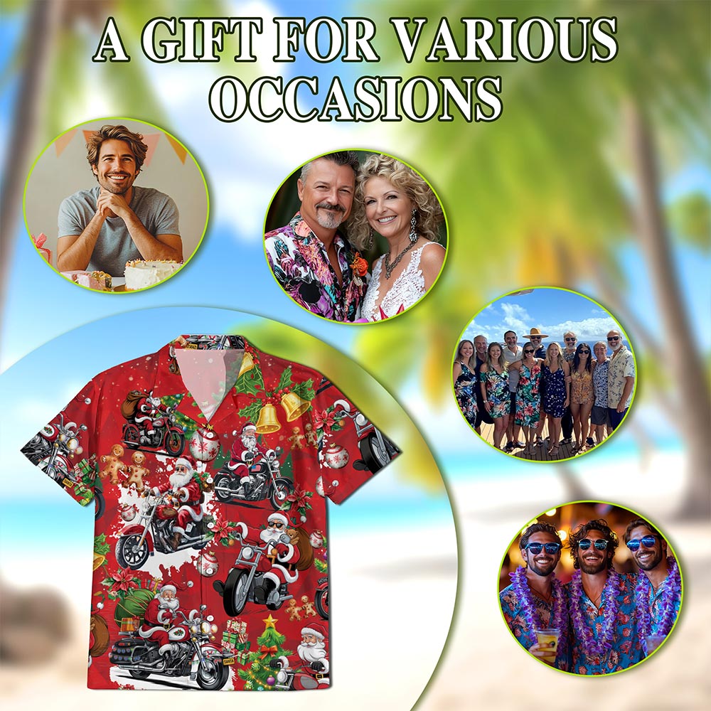Santa Claus Riding Motorcycle Christmas Hawaiian Shirt for Men, Button Down Aloha Shirt - Azhawaiian