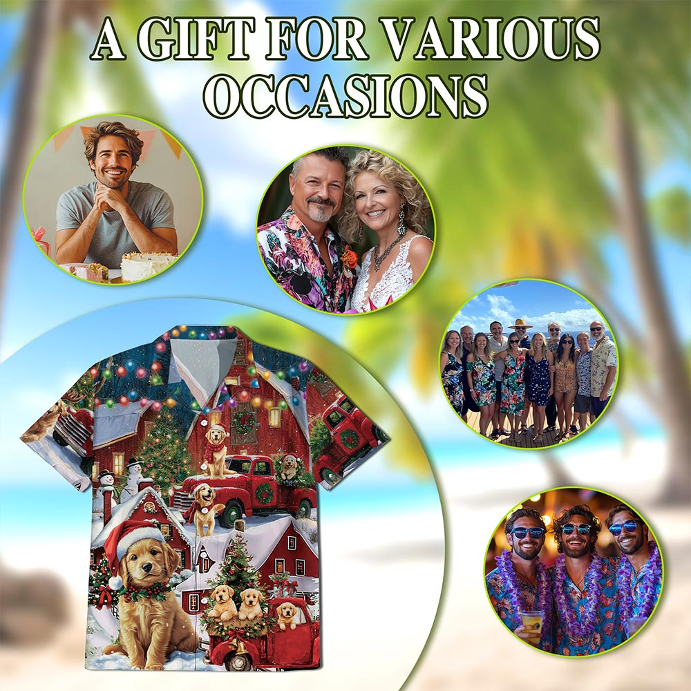 Golden Retriever Christmas Hawaiian Shirt for Men, Button Down Aloha Shirt - Azhawaiian