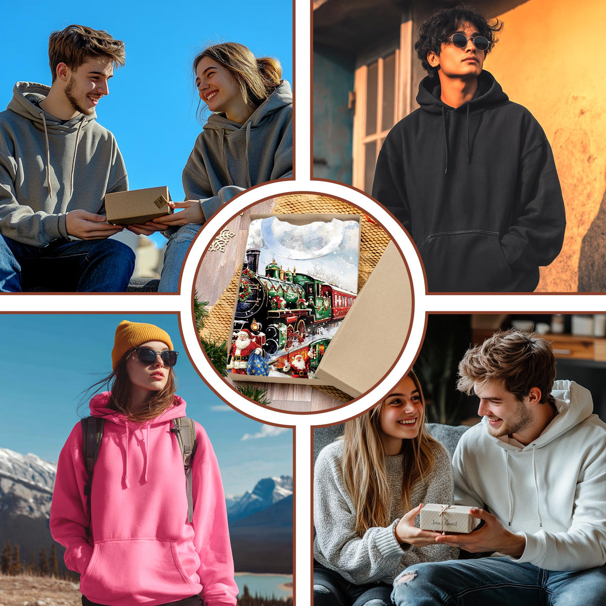 Christmas Train All Over Print Hoodie, Vintage Santa Claus Graphic Design
