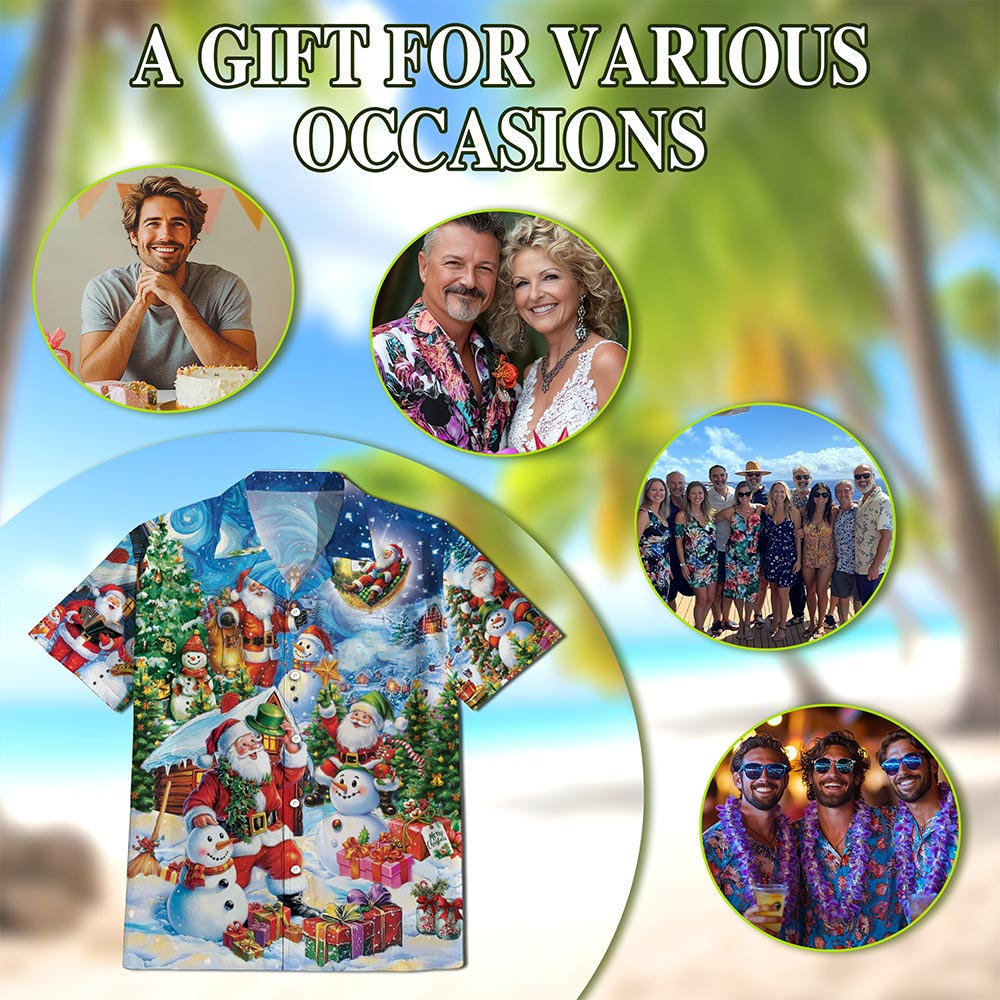 Santa Claus and Snowman Hawaiian Shirt for Men, Button Down Aloha Shirt - Azhawaiian