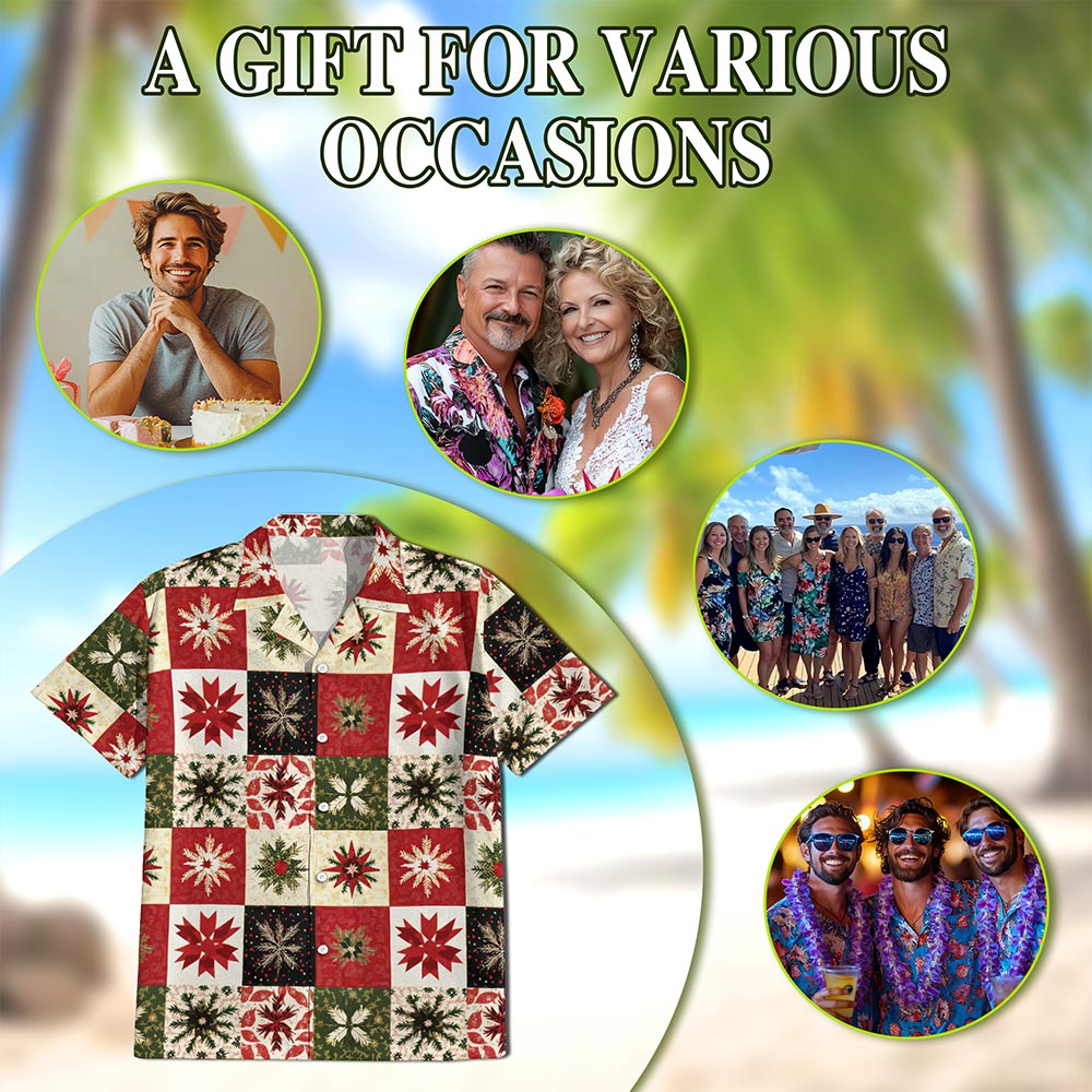 Christmas Quilt Pattern Hawaiian Shirt for Men, Button Down Aloha Shirt - Azhawaiian