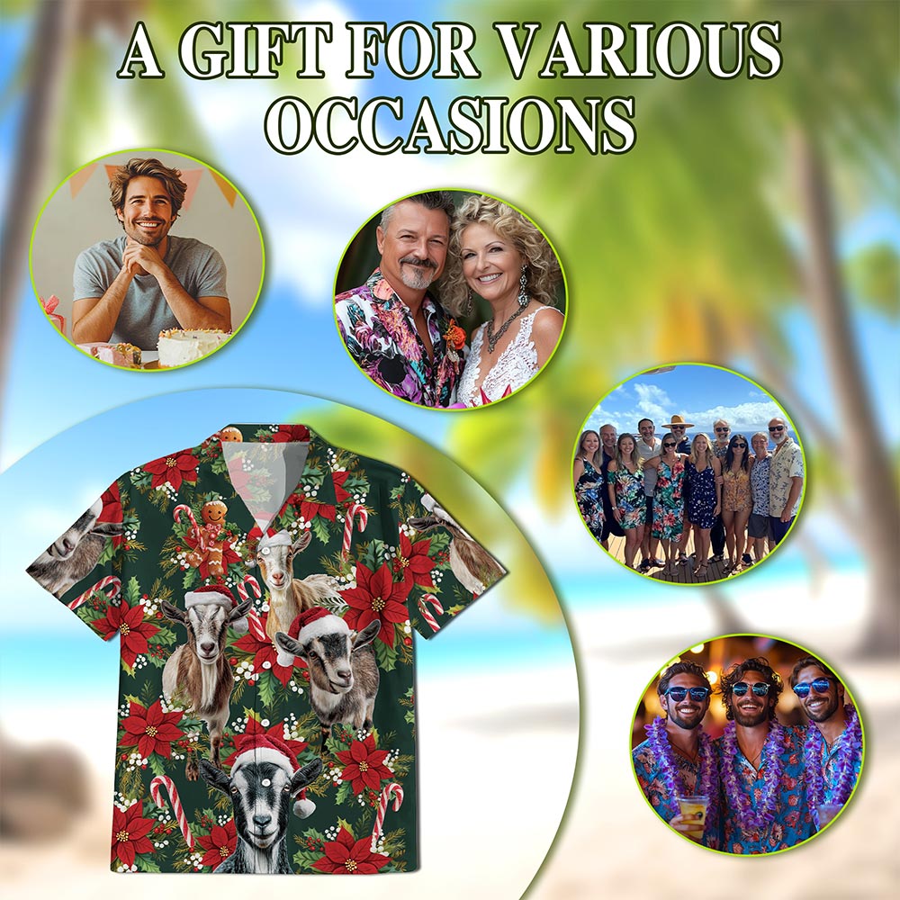 Funny Goat Christmas Hawaiian Shirt for Men, Button Down Aloha Shirt - Azhawaiian