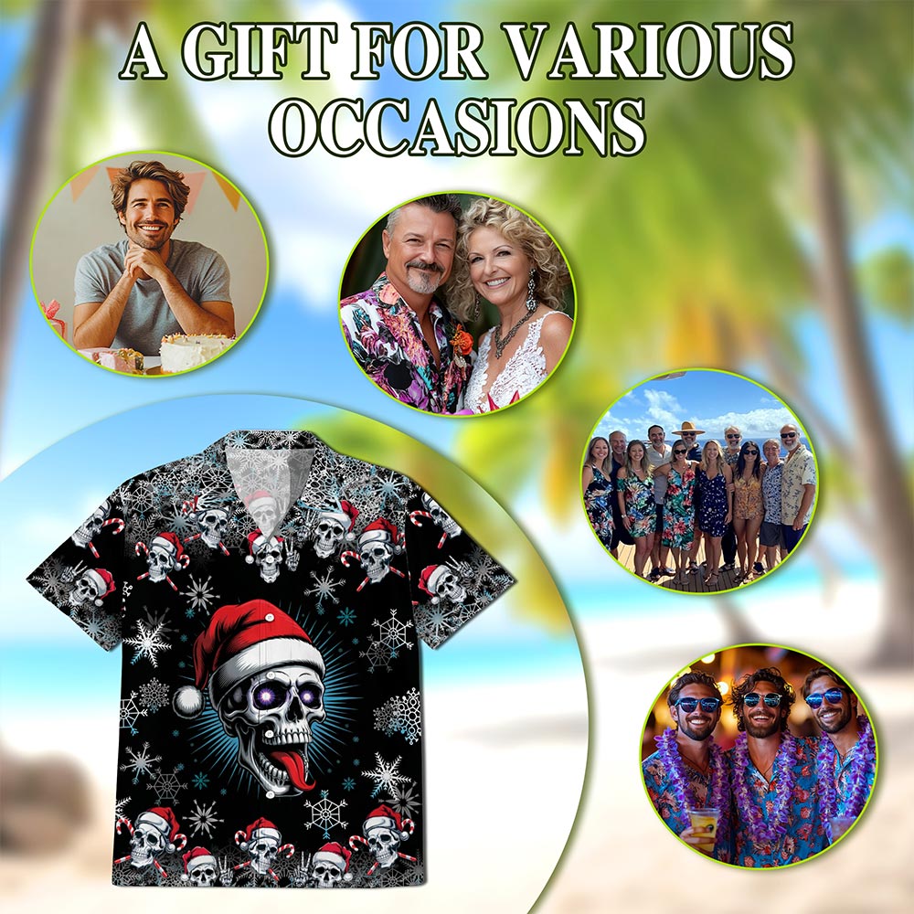 Skull Christmas Hawaiian Shirt for Men, Button Down Aloha Shirt - Azhawaiian