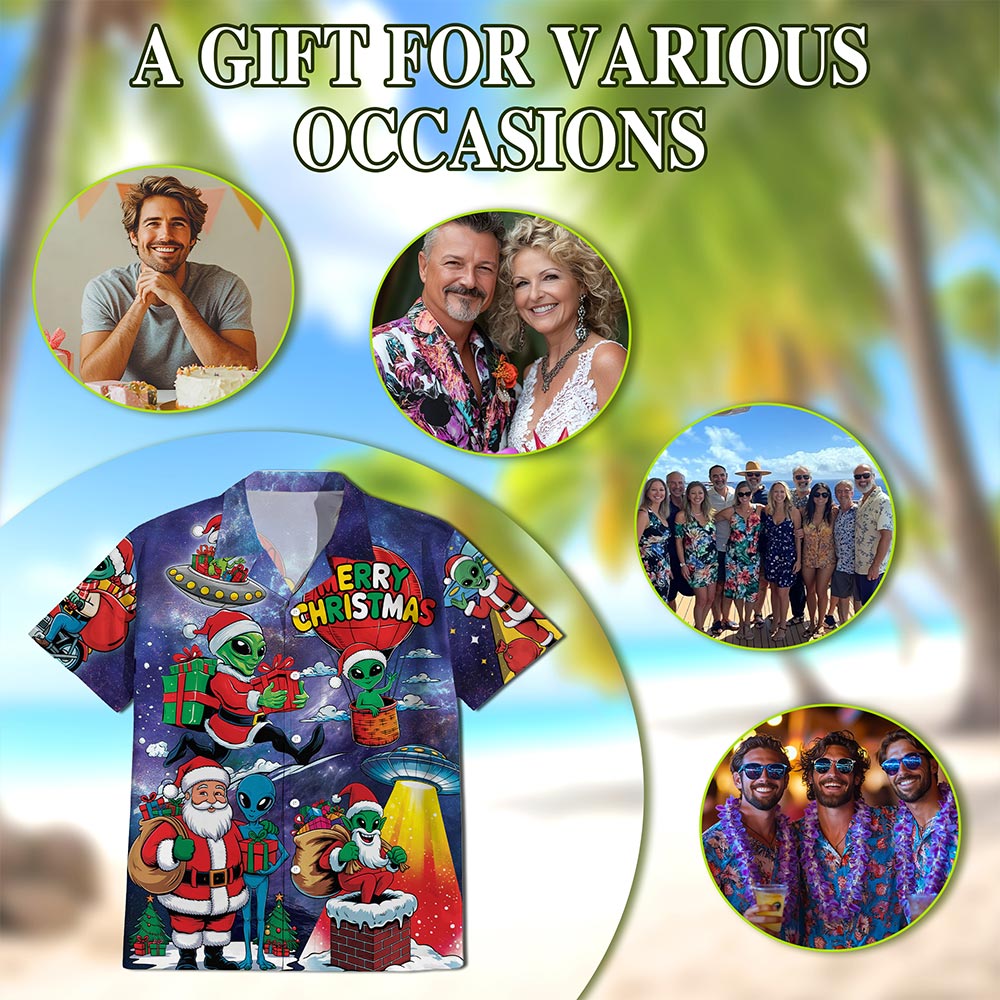 Alien Santa Claus Christmas Hawaiian Shirt for Men, Button Down Aloha Shirt - Azhawaiian