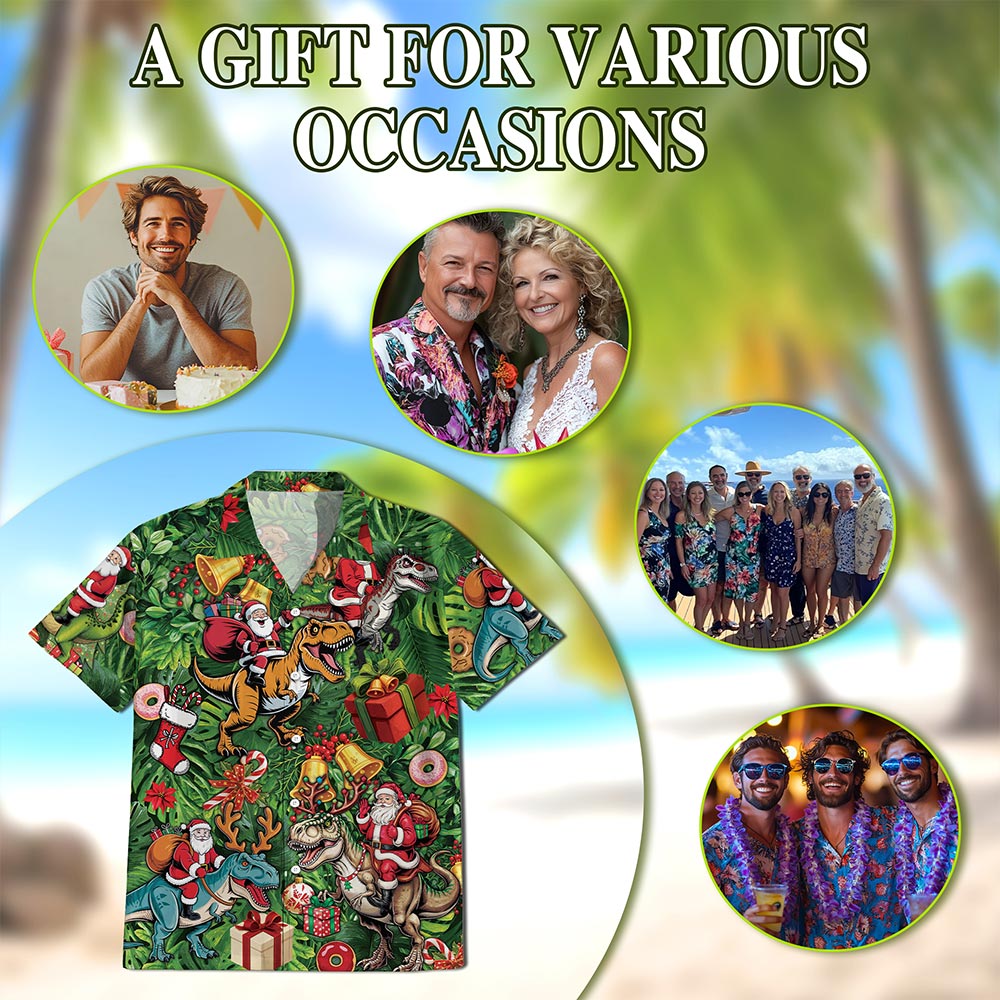 Santa Claus Riding Dinosaur Christmas Hawaiian Shirt for Men, Button Down Aloha Shirt - Azhawaiian