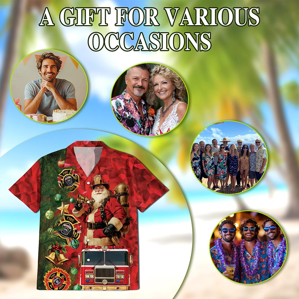 Firefighter Santa Claus Christmas Hawaiian Shirt for Men, Button Down Aloha Shirt - Azhawaiian