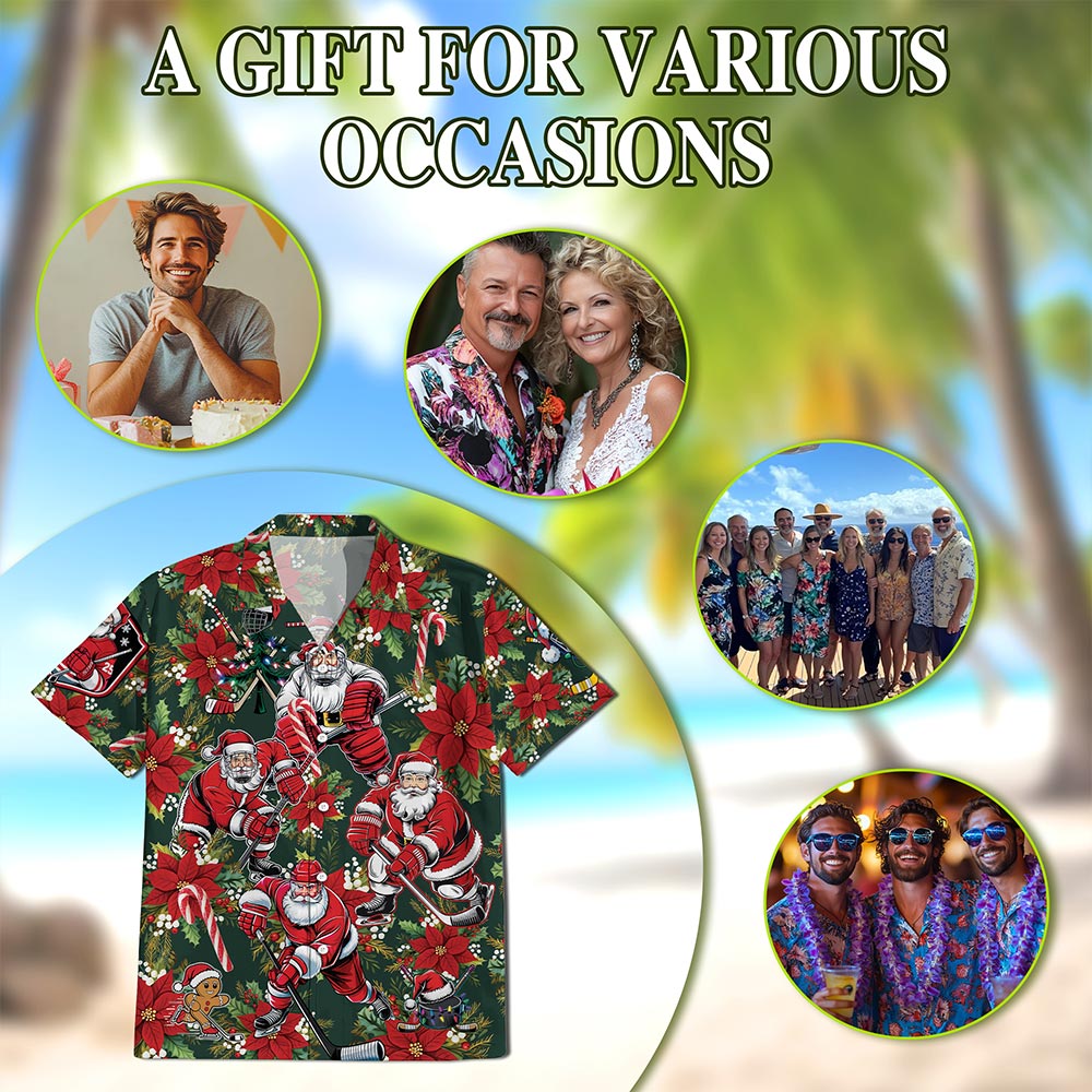 Santa Claus Hockey Hawaiian Shirt for Men, Button Down Aloha Shirt - Azhawaiian