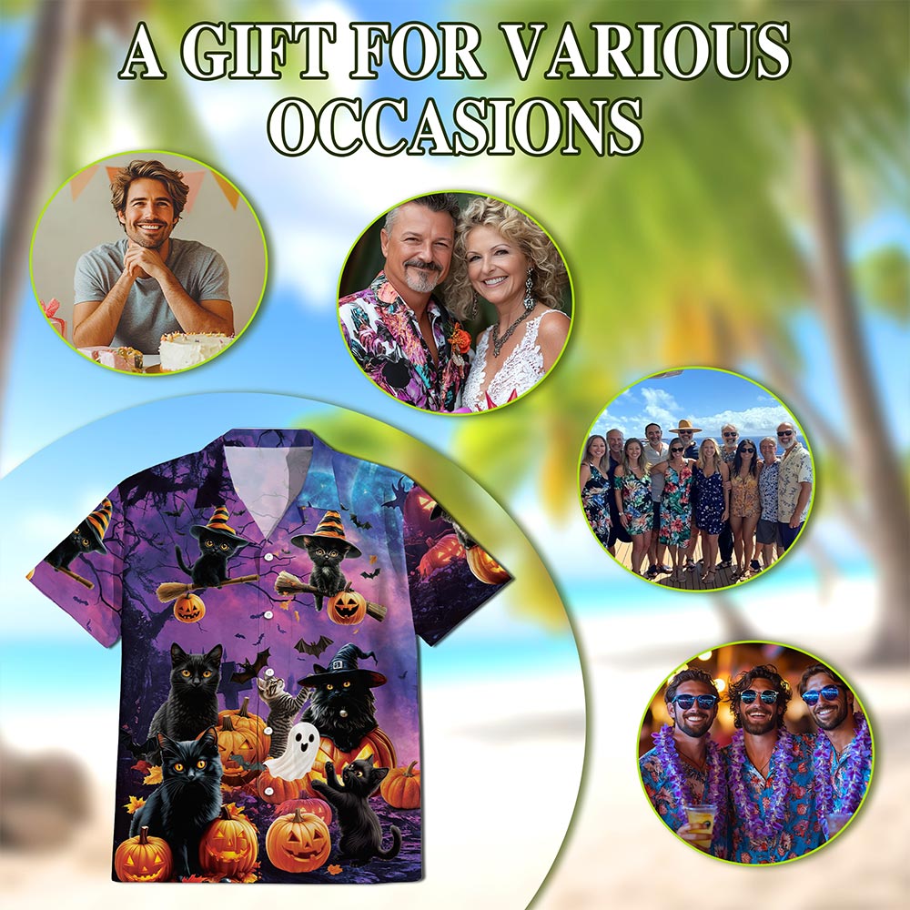 Black Cat Pumpkin Hawaiian Shirt for Men, Button Down Aloha Shirt - Azhawaiian