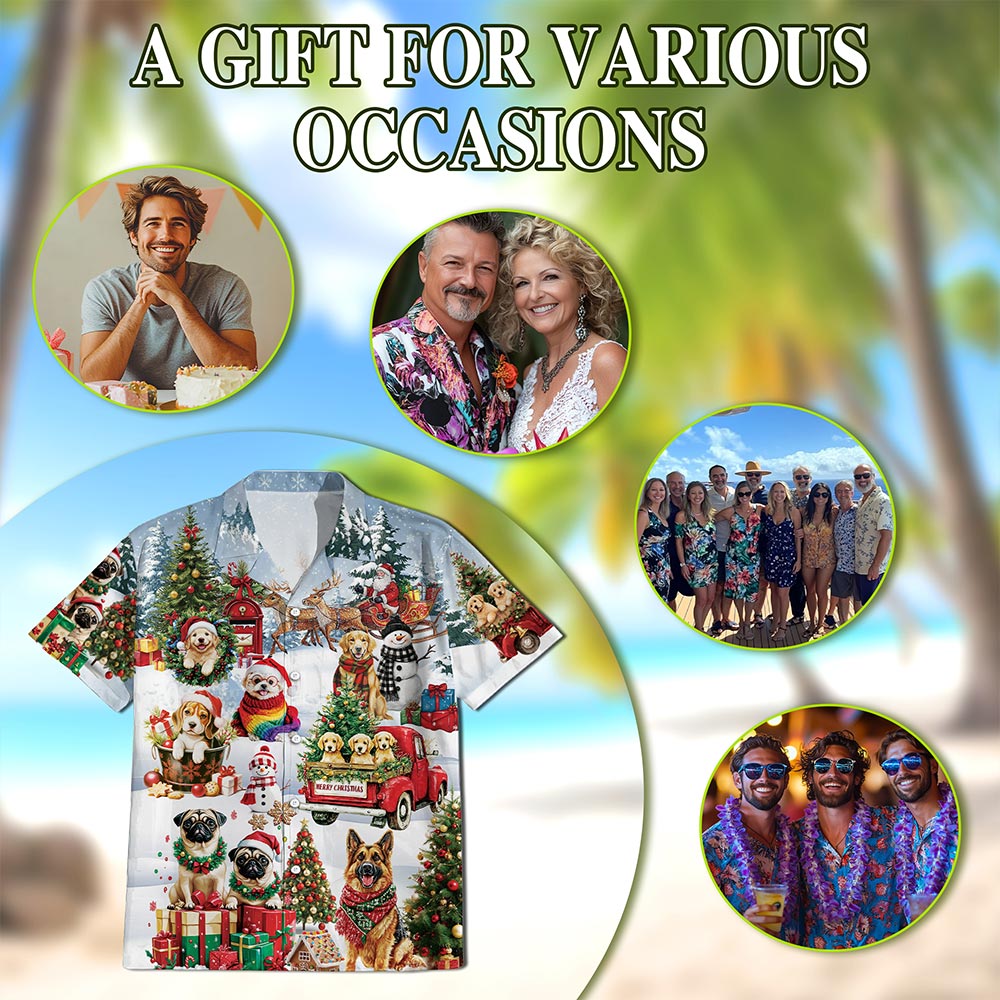 Christmas Dogs Hawaiian Shirt for Men, Button Down Aloha Shirt - Azhawaiian