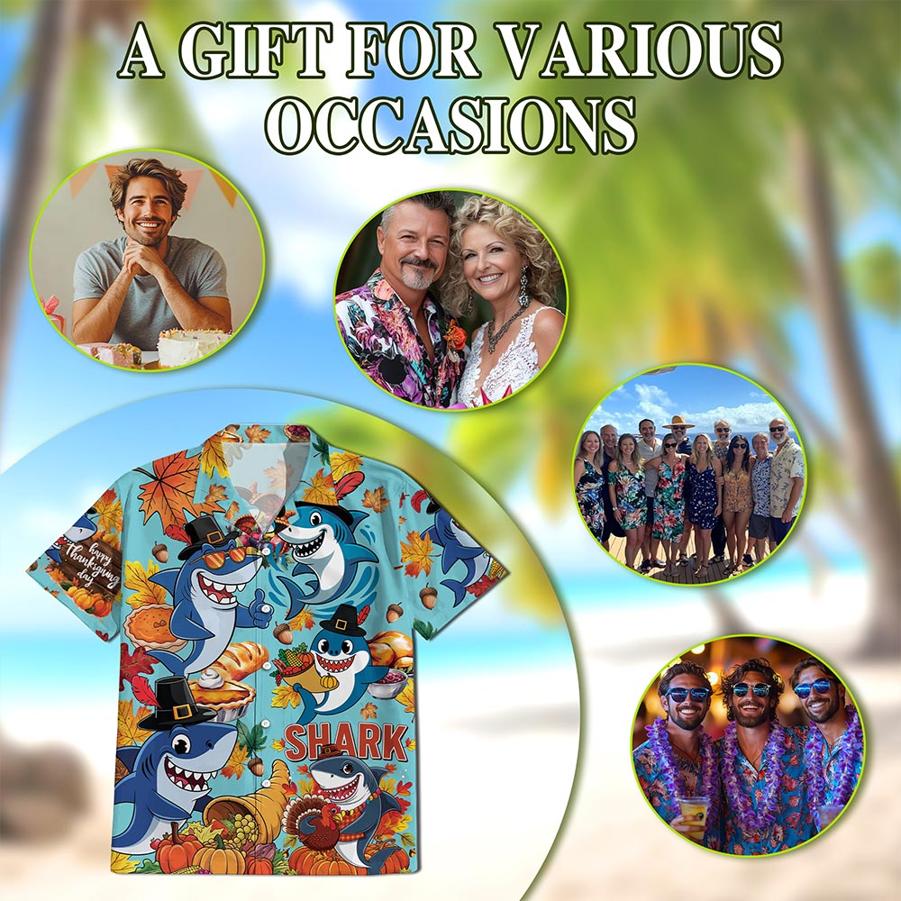 Shark Thanksgiving Hawaiian Shirt for Men, Button Down Aloha Shirt - Azhawaiian