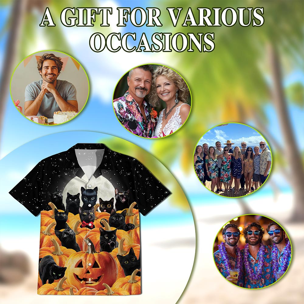 Cute Black Cat Pumpkin Hawaiian Shirt for Men, Button Down Aloha Shirt - Azhawaiian