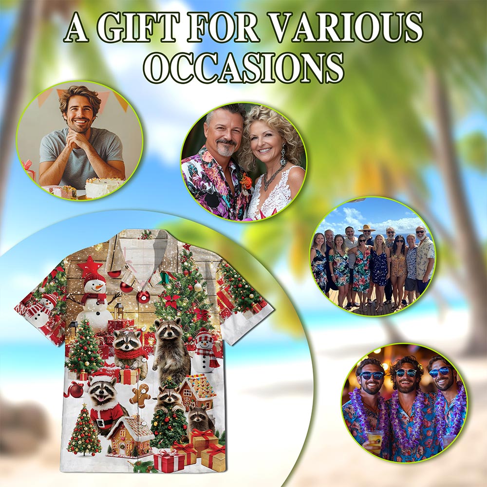 Christmas Raccoon Hawaiian Shirt for Men, Button Down Aloha Shirt - Azhawaiian