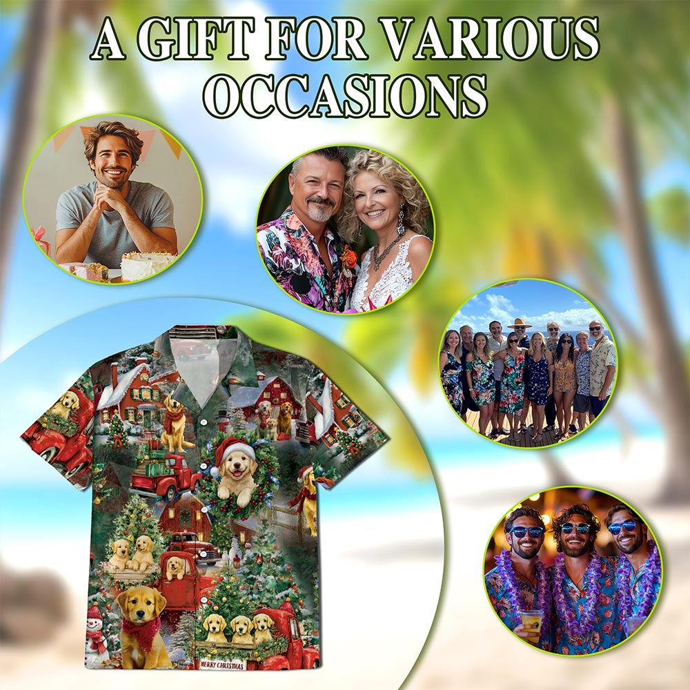 Golden Retriever Christmas Hawaiian Shirt for Men, Button Down Aloha Shirt - Azhawaiian