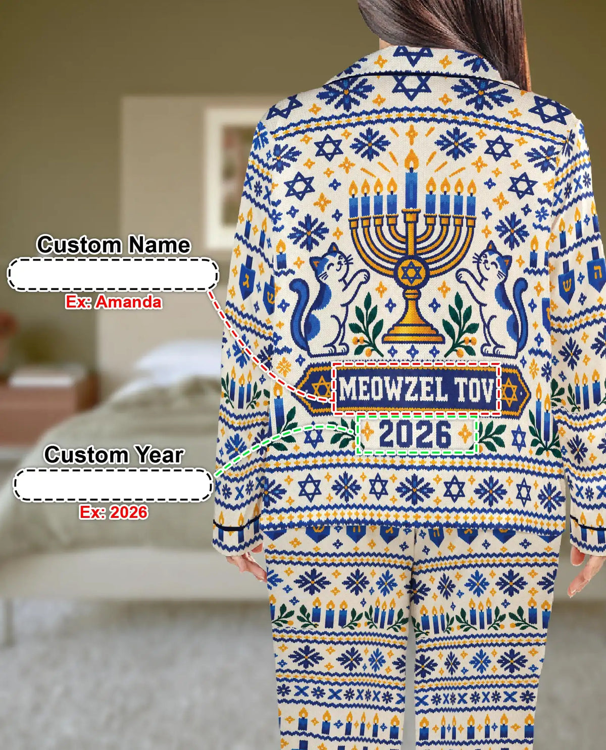 Personalized Hanukkah Cat Pajama Set for Women – Custom Name & Year Menorah Print