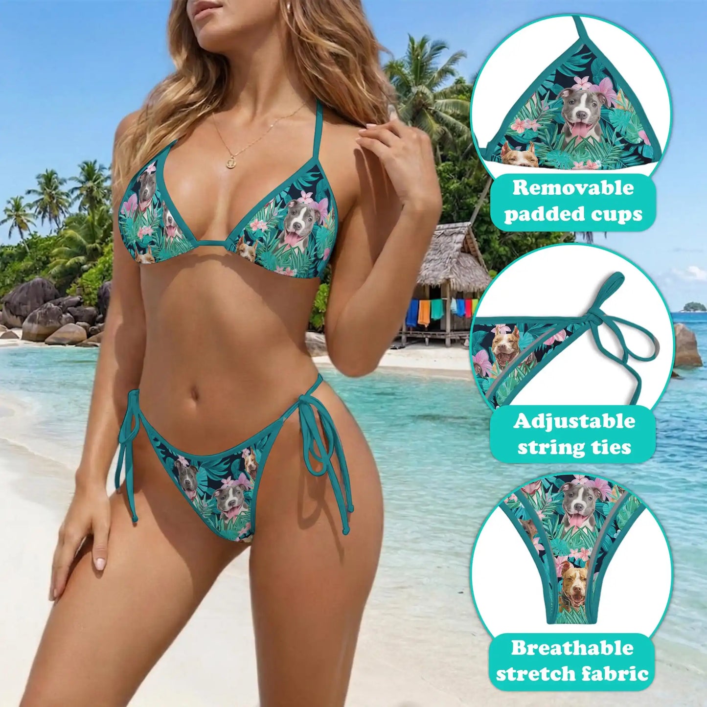 Tropical Pitbull Hibiscus Bikini Set for Women, Two Piece Swimsuit, Tropical Dog Beachwear | Azhawaiian