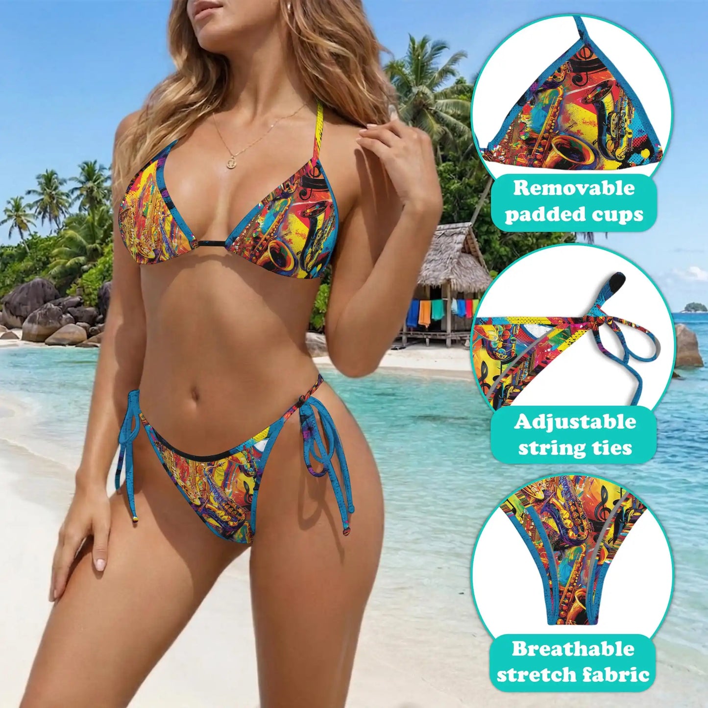 Colorful Saxophone Bikini Set for Women, Two Piece Swimsuit, Jazz Music Beachwear | Azhawaiian