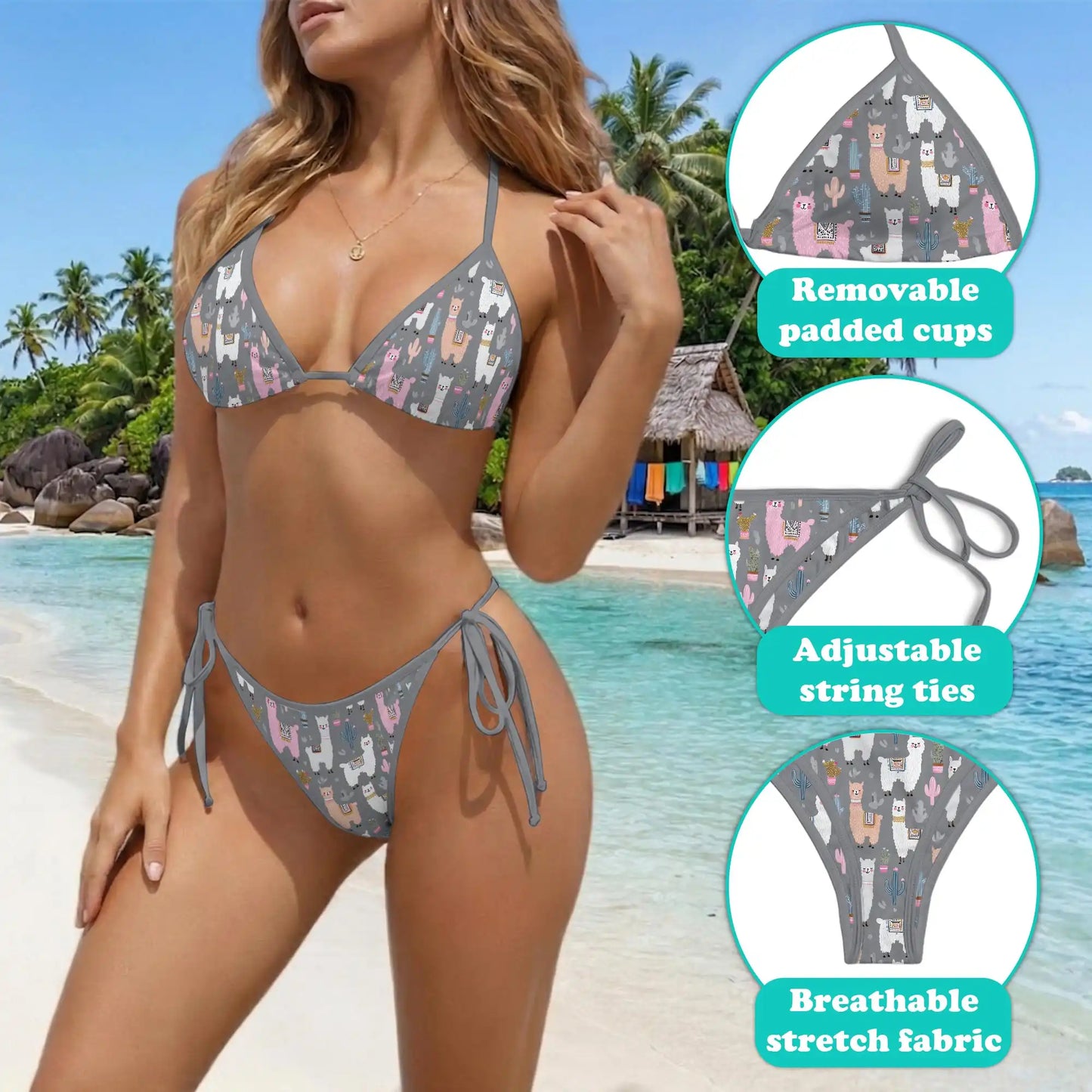 Cute Llama Bikini Set for Women, Two Piece Swimsuit, Kawaii Animal Beachwear | Azhawaiian