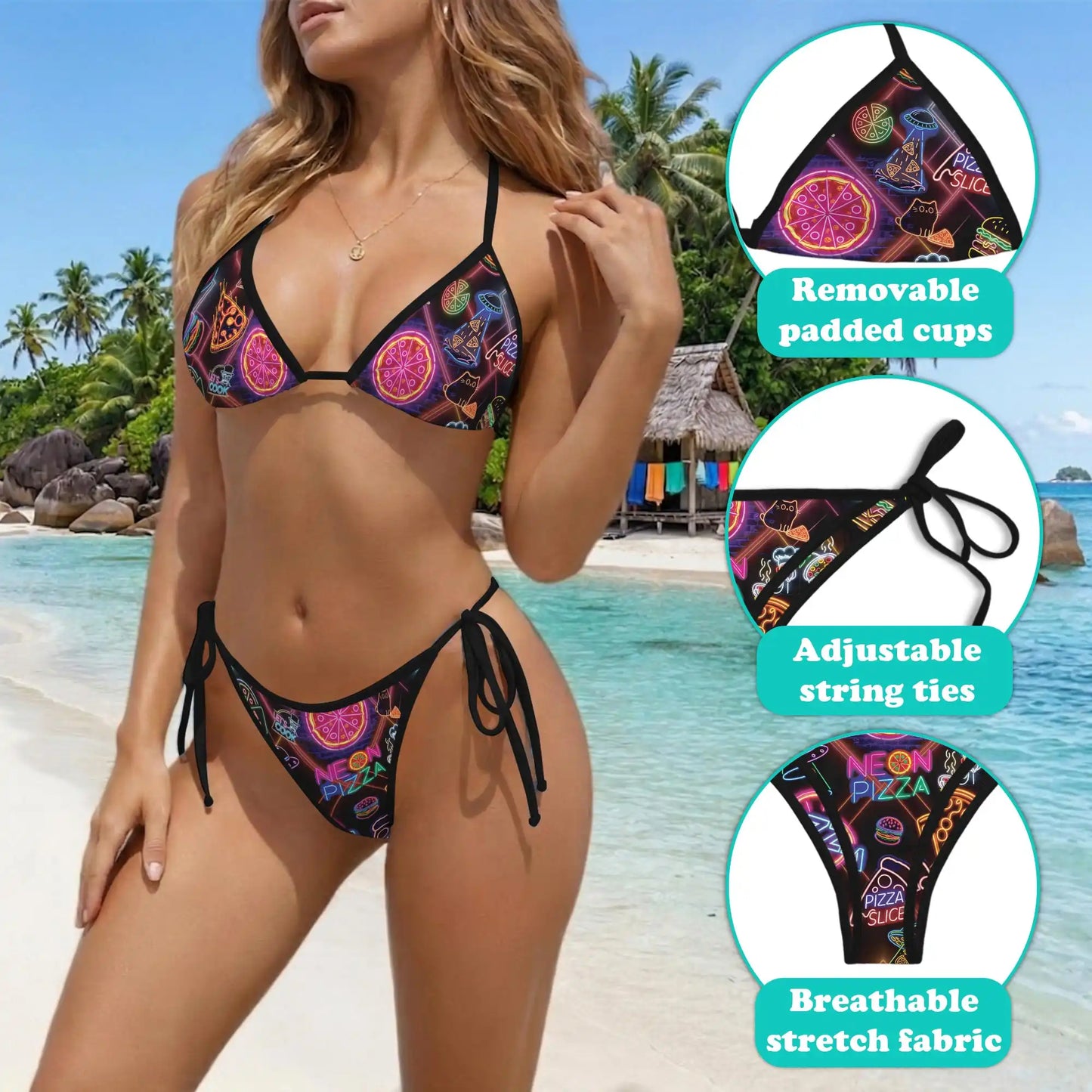 Neon Pizza Bikini Set for Women, Two Piece Swimsuit, Craft Beachwear | Azhawaiian