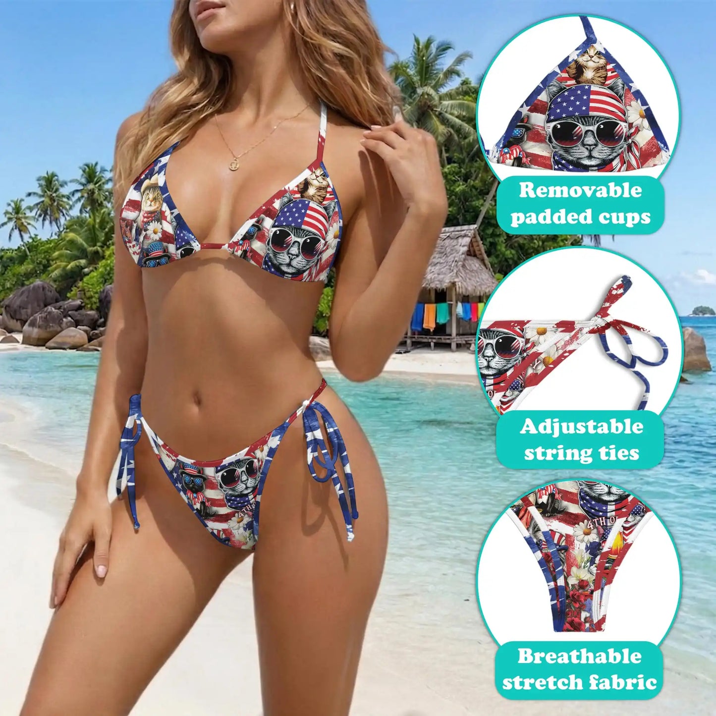 4th of July Cat Bikini Set for Women, Two Piece Swimsuit, Patriotic Cat Print Beachwear | Azhawaiian