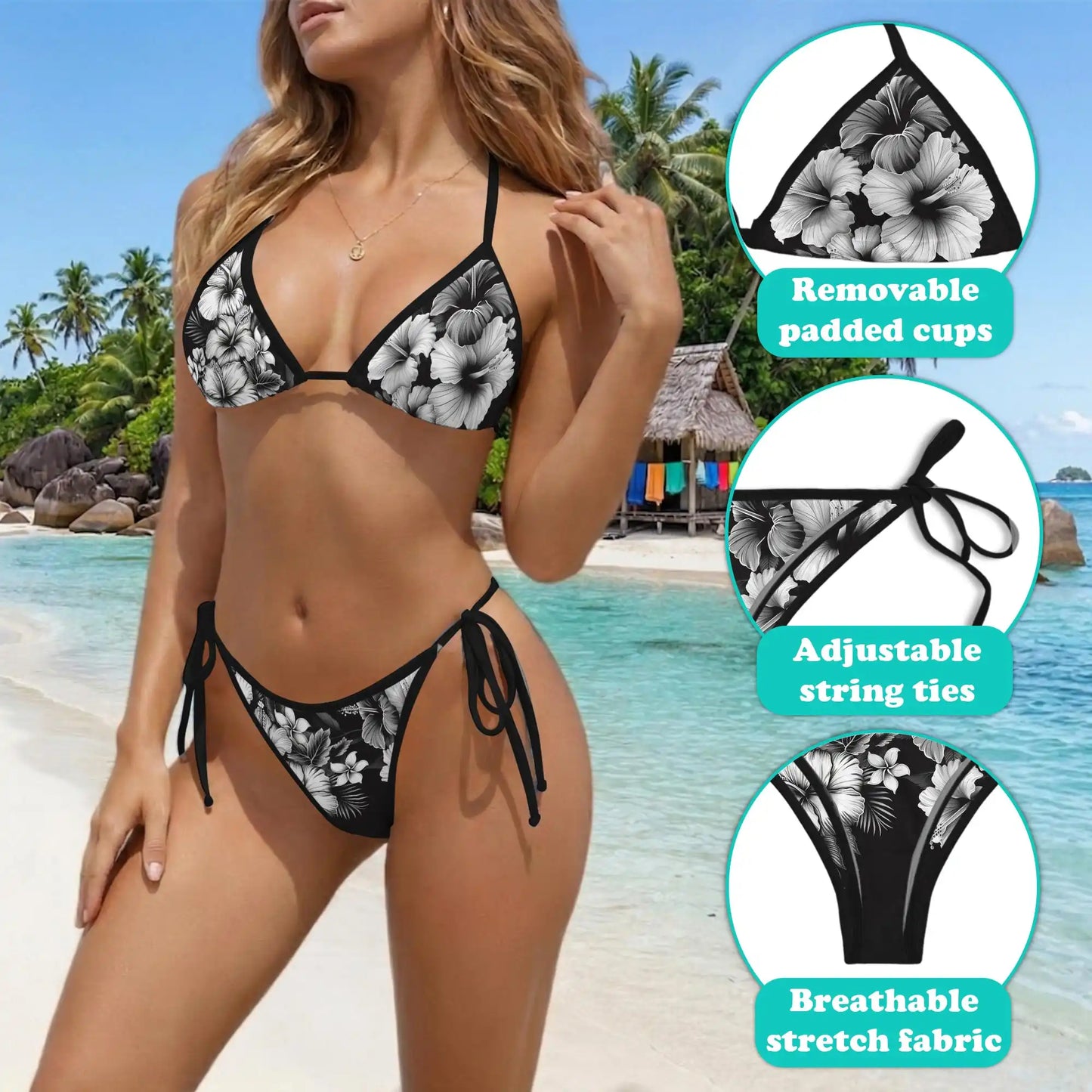 Black & White Hibiscus Bikini Set for Women, Two Piece Swimsuit, Tropical Floral Beachwear | Azhawaiian