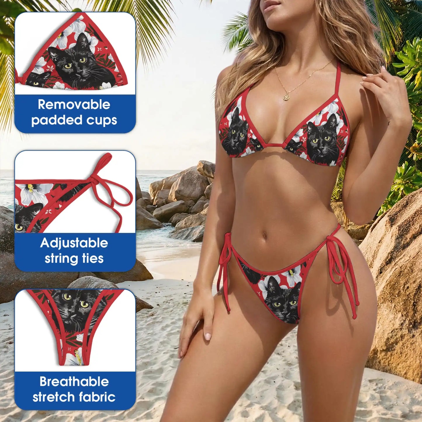 Black Cat Bikini Set, Floral Cat Two Piece Swimsuit | Azhawaiian