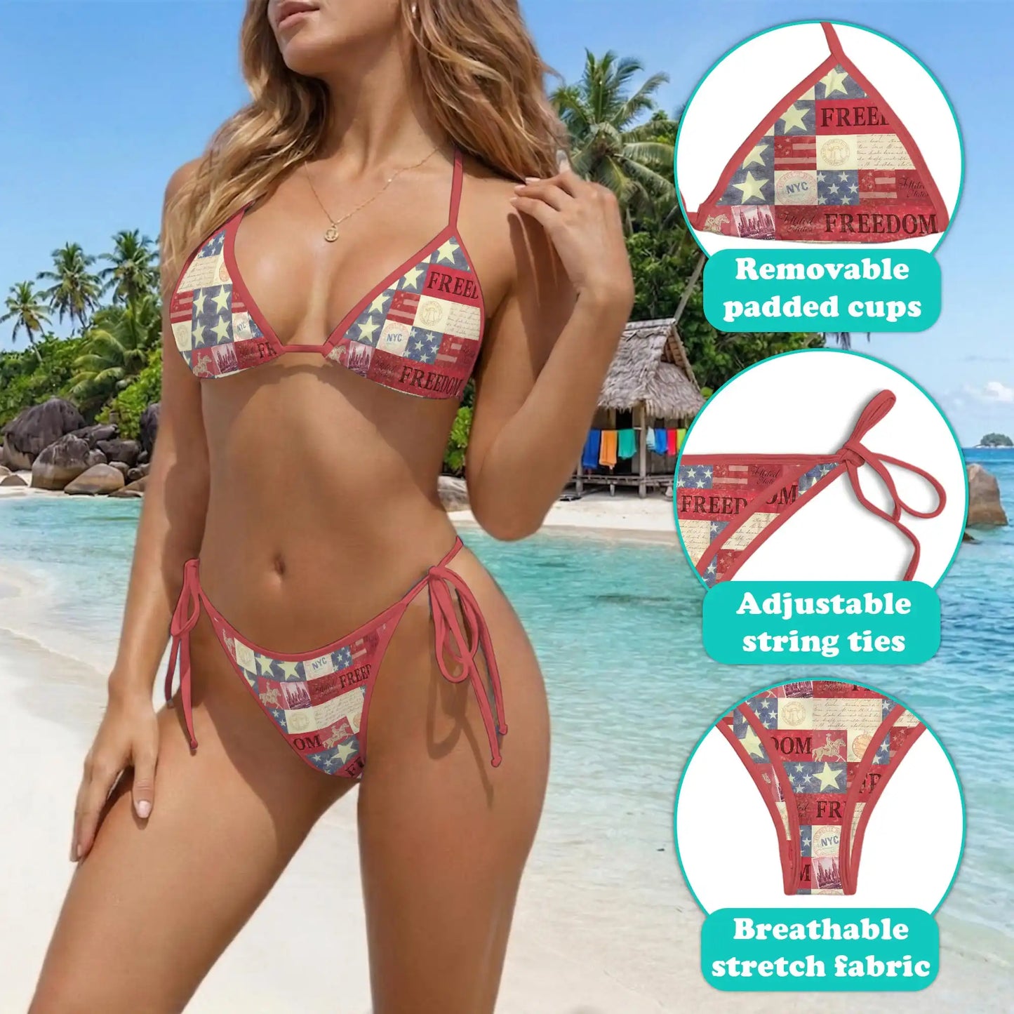 Happy Independence Day Bikini Set for Women, Two Piece Swimsuit, Patriotic Beachwear | Azhawaiian