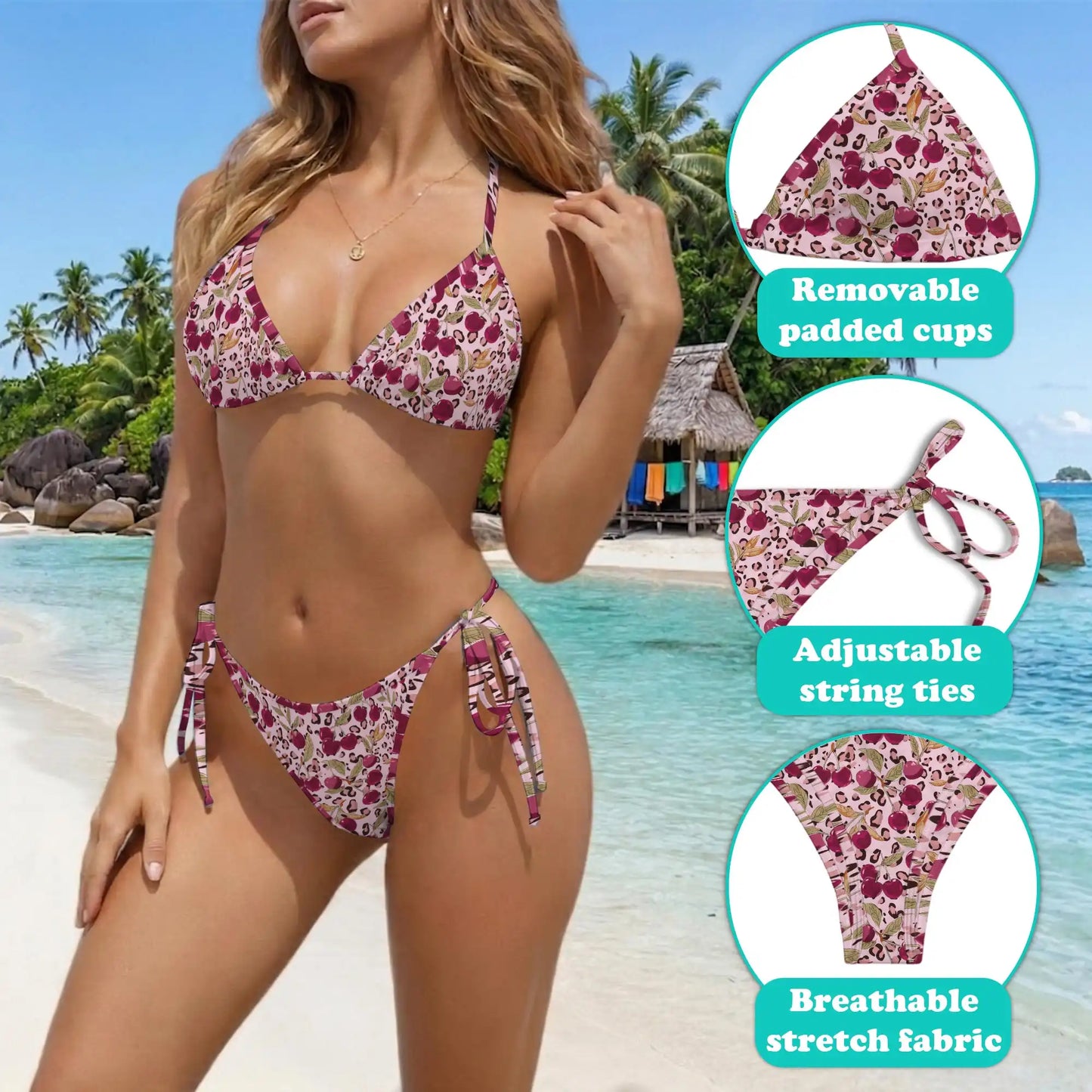 Pink Leopard Bikini Set for Women, Two Piece Swimsuit, Cherry Animal Print Beachwear | Azhawaiian