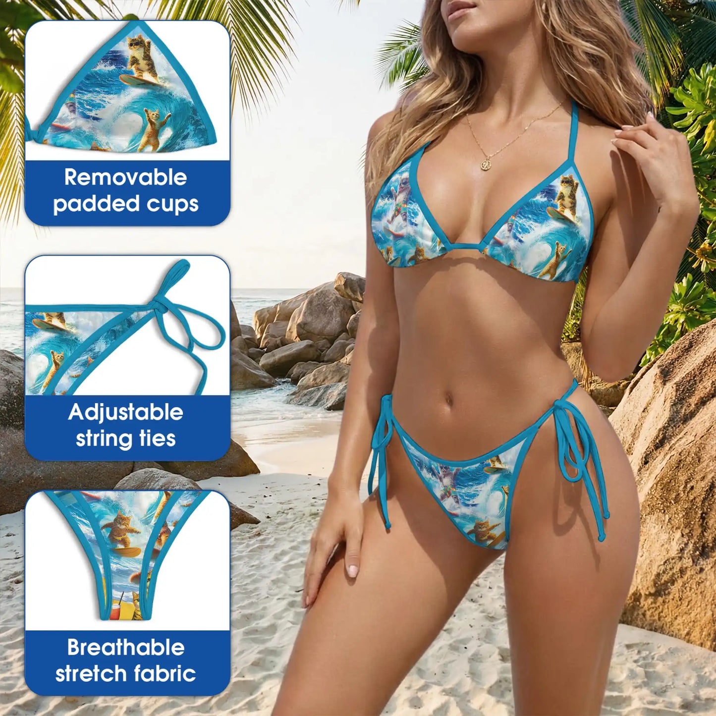 Funny Cat Bikini Set for Women, Two Piece Swimsuit, Surfing Cat Print Beachwear | Azhawaiian