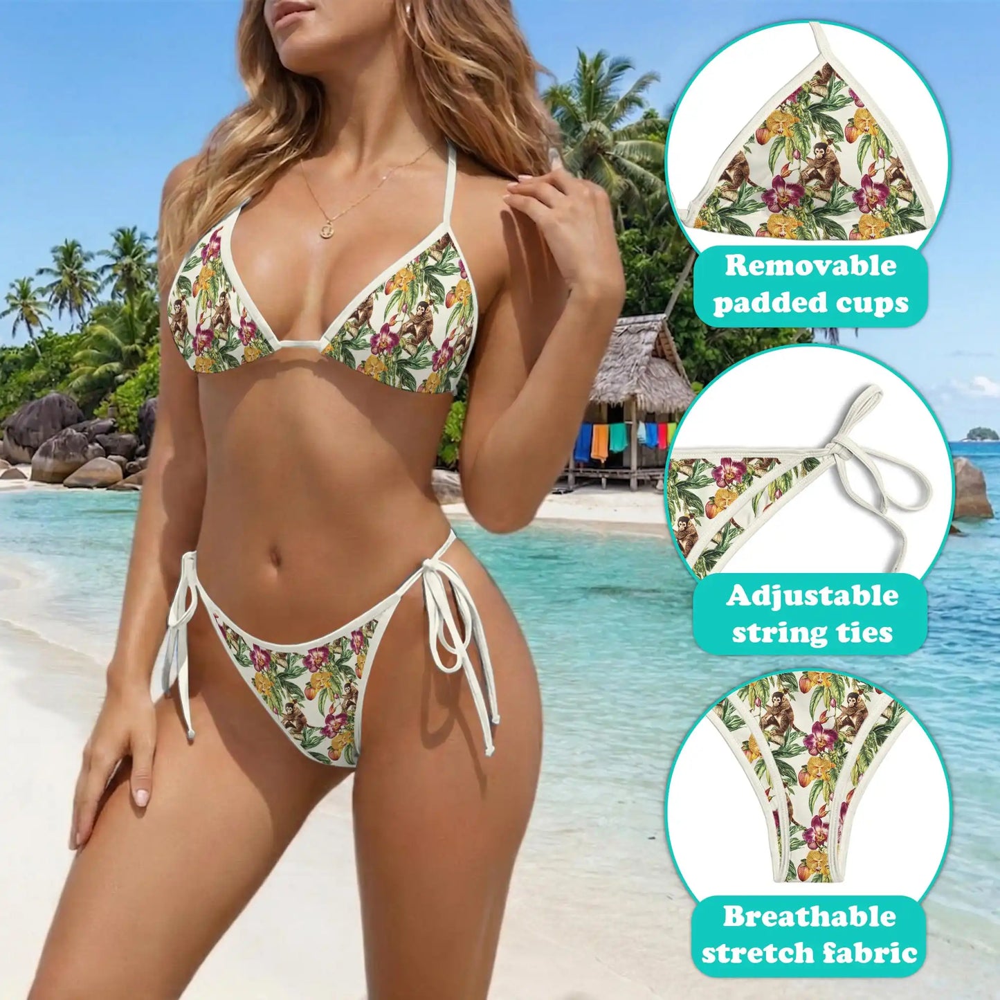 Tropical Monkey Bikini Set for Women, Two Piece Swimsuit, Craft Beachwear | Azhawaiian