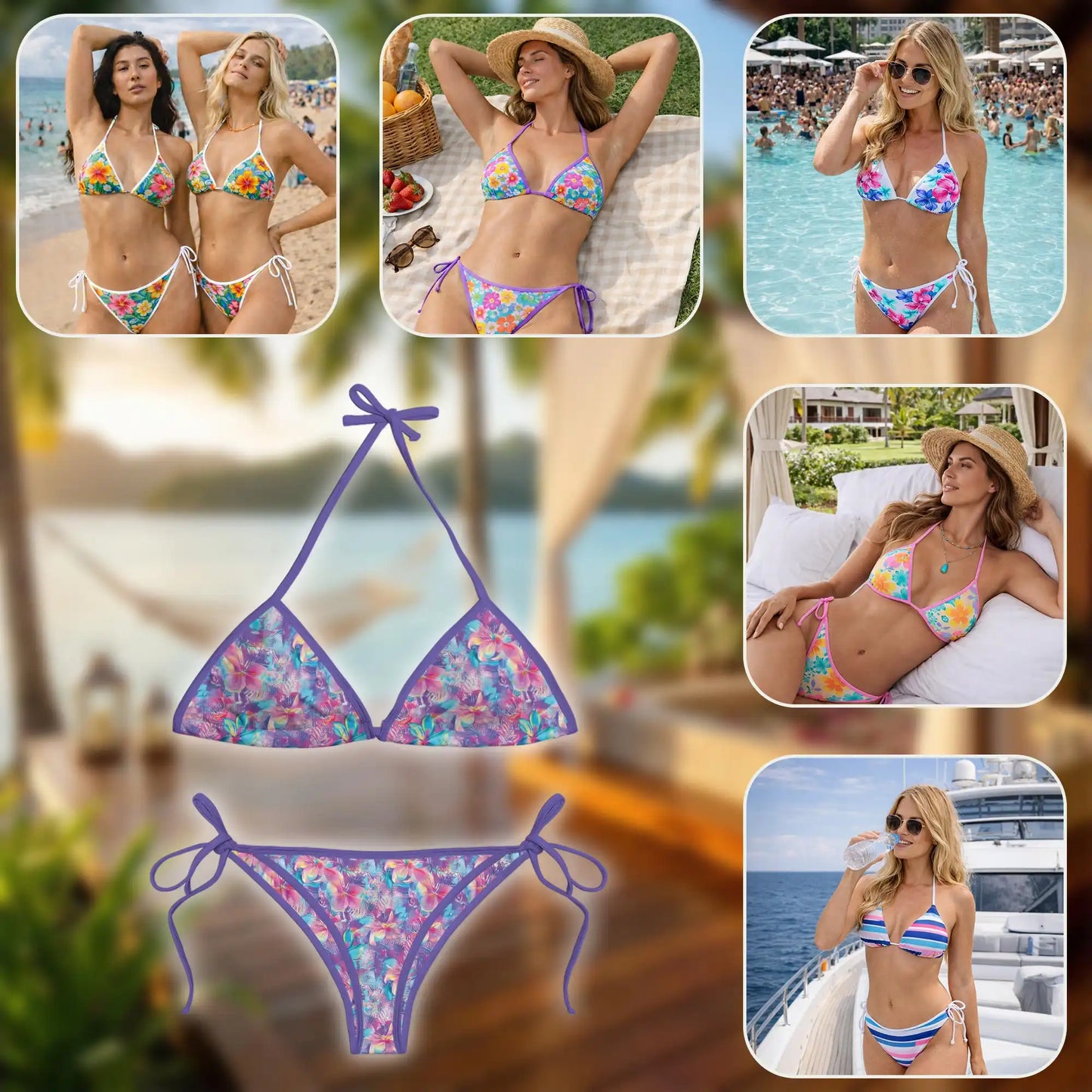 Neon Flower Bikini Set, Psychedelic Floral Two Piece Swimsuit | Azhawaiian