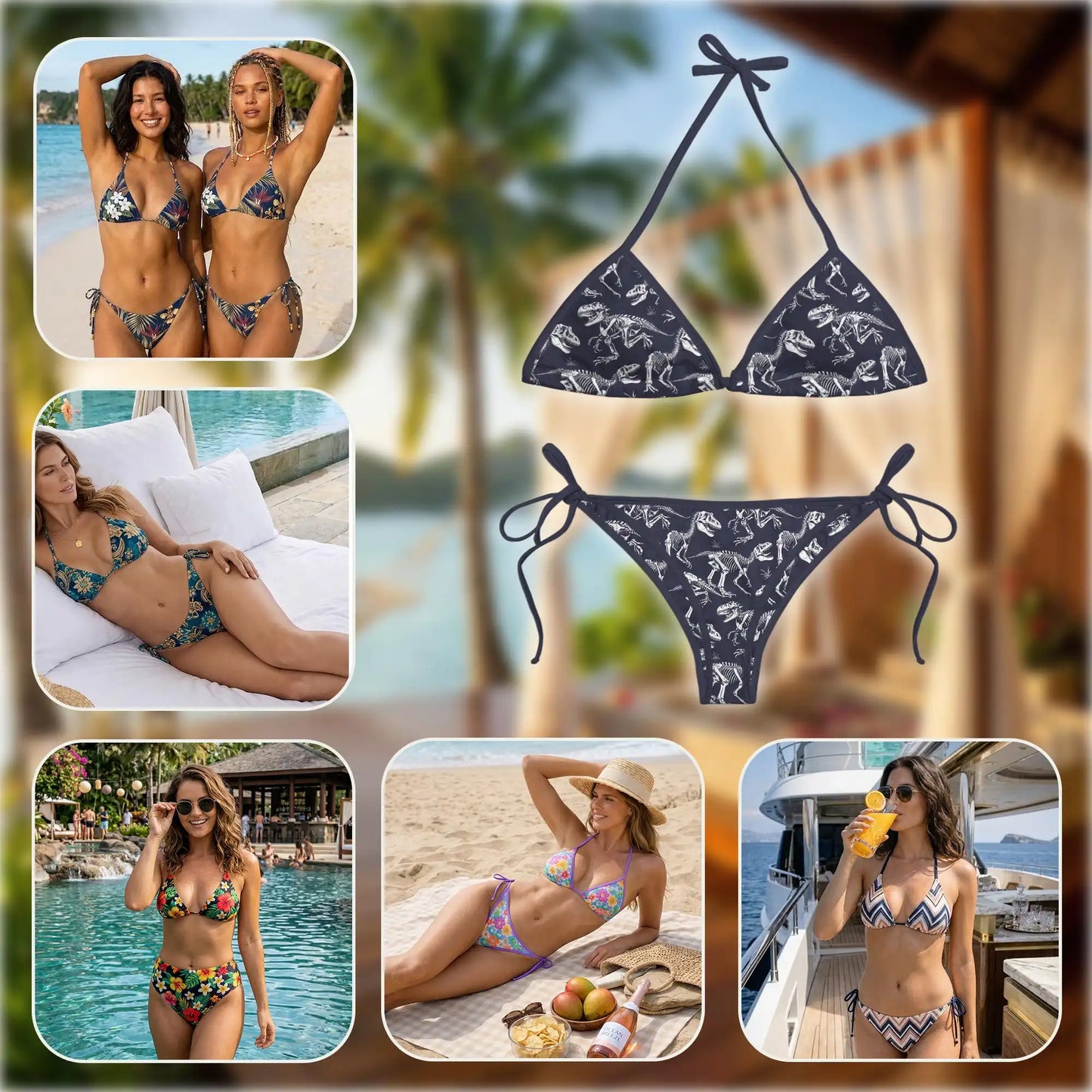 Dinosaur Skeleton Bikini Set for Women, Two Piece Swimsuit, Fossil Print Beachwear | Azhawaiian