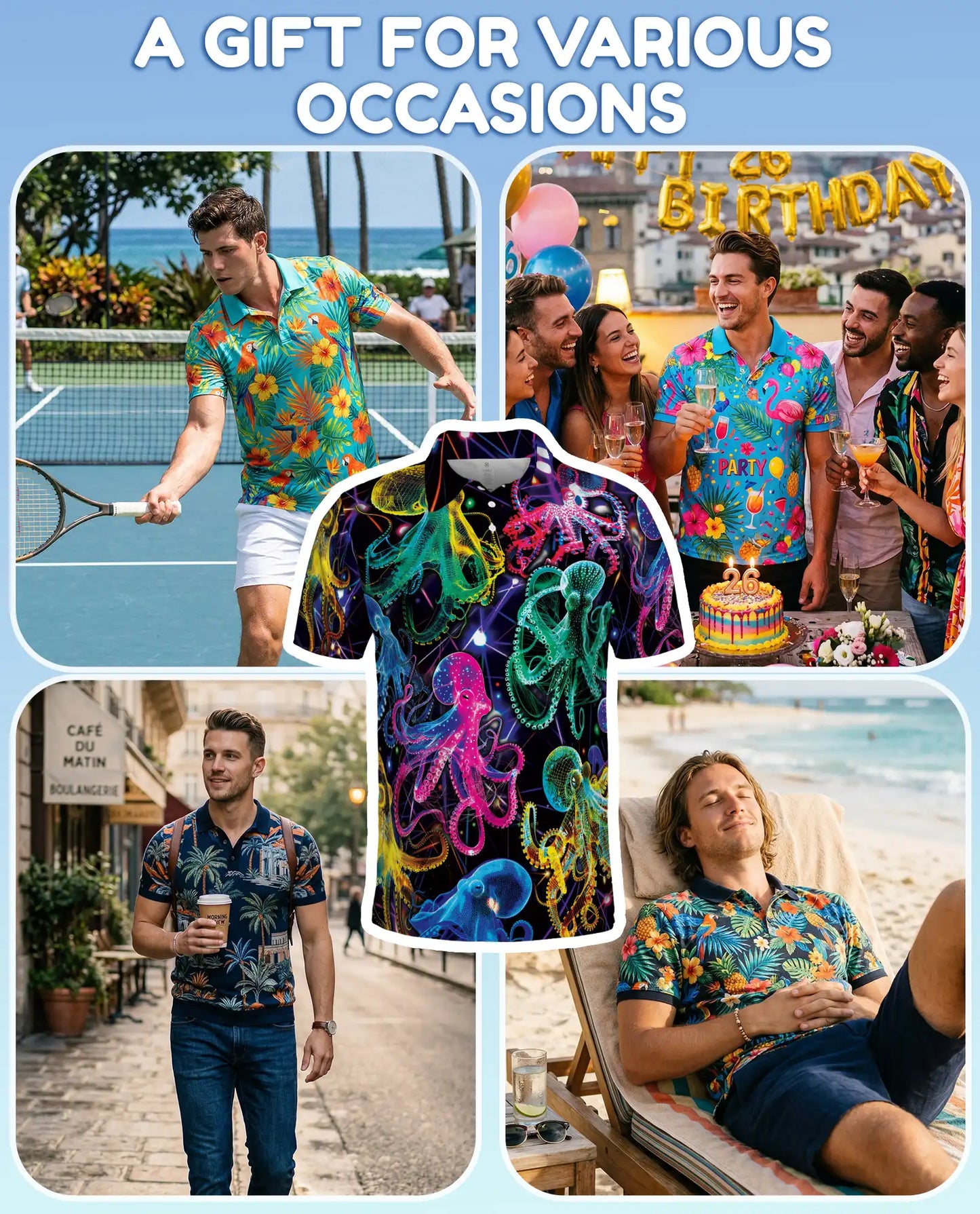 Neon Octopus Polo Shirt for Men, Vibrant Ocean Life | Azhawaiian
