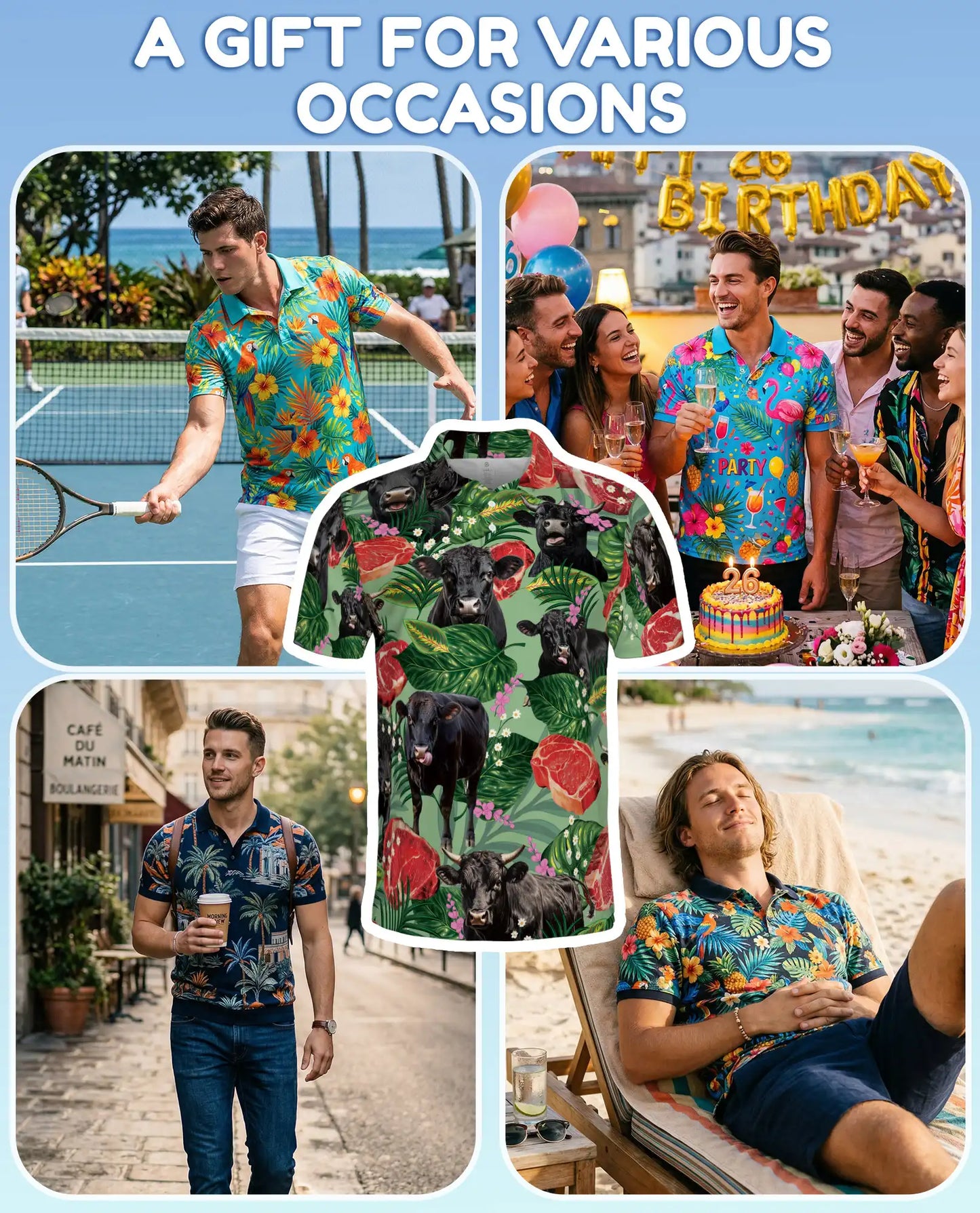 Tropical Black Angus Cattle Polo Shirt for Men, Funny Cow Meat Print | Azhawaiian