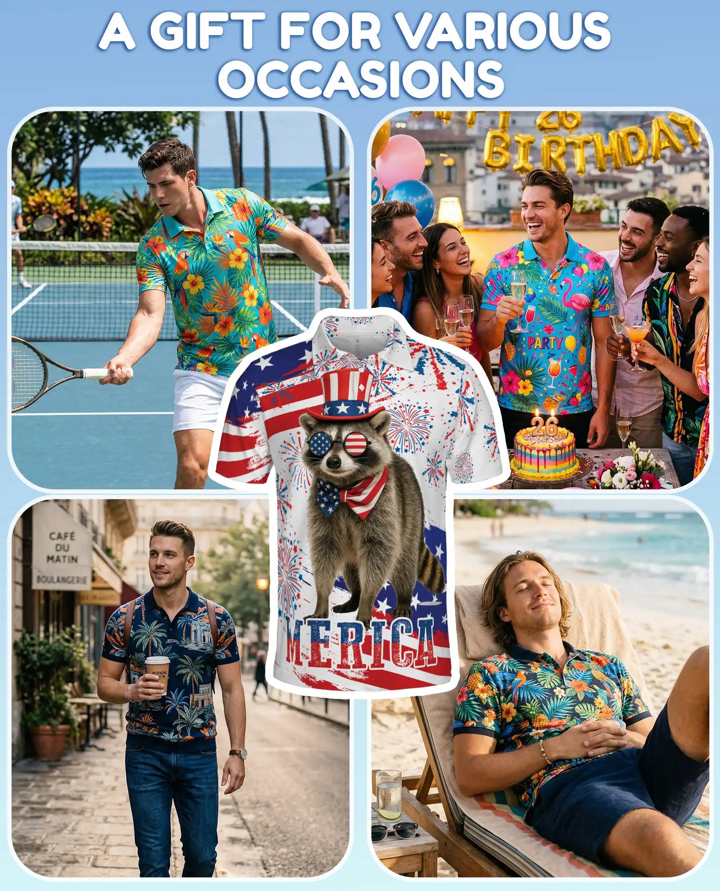 Patriotic Raccoon Polo Shirt for Men, USA Holiday Style | Azhawaiian
