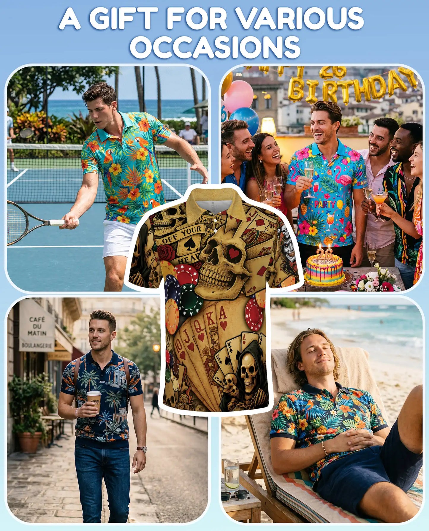 Skull Poker Polo Shirt for Men, Casino Party Style | Azhawaiian
