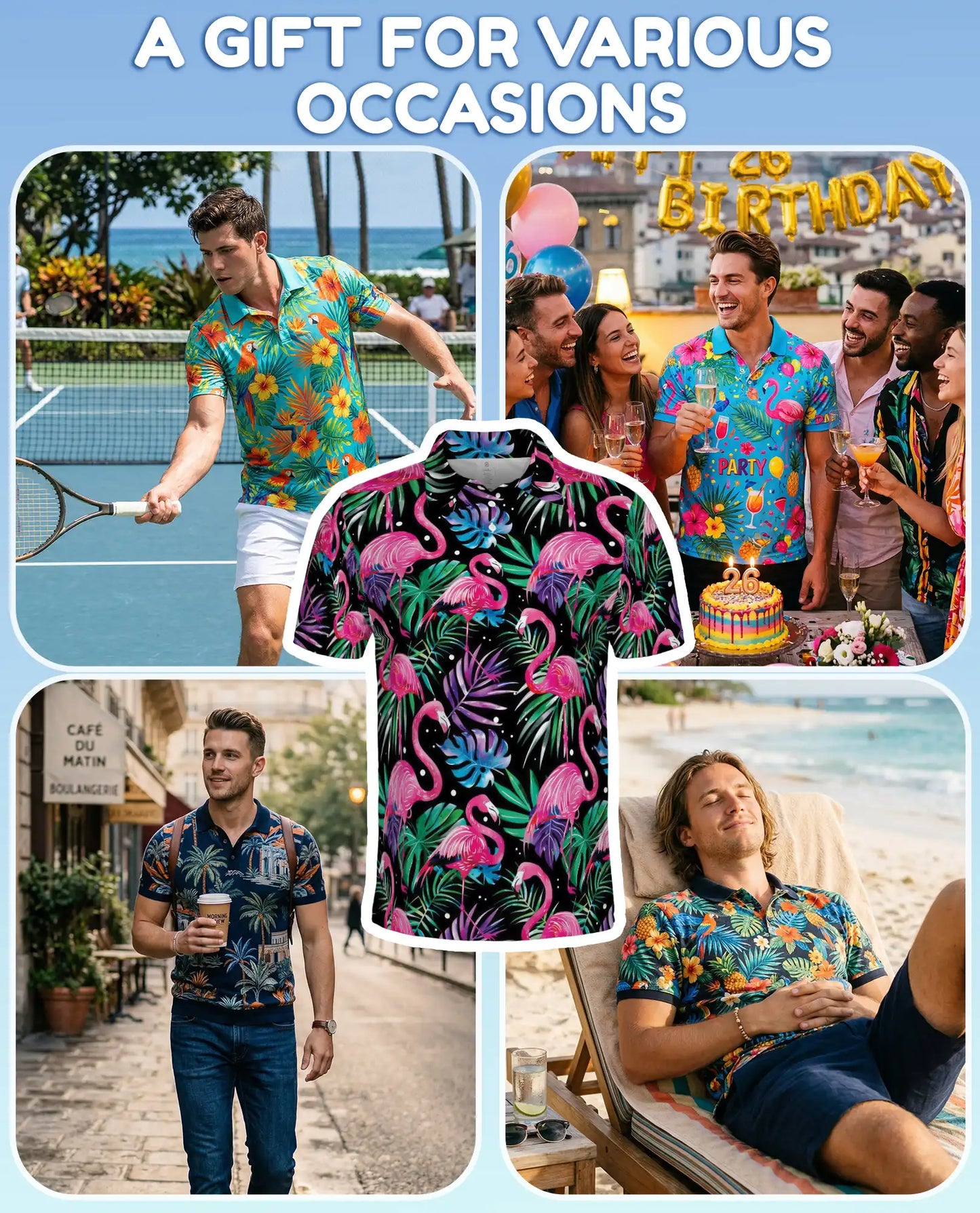 Pink Flamingo Polo Shirt for Men, Tropical Beach Style | Azhawaiian