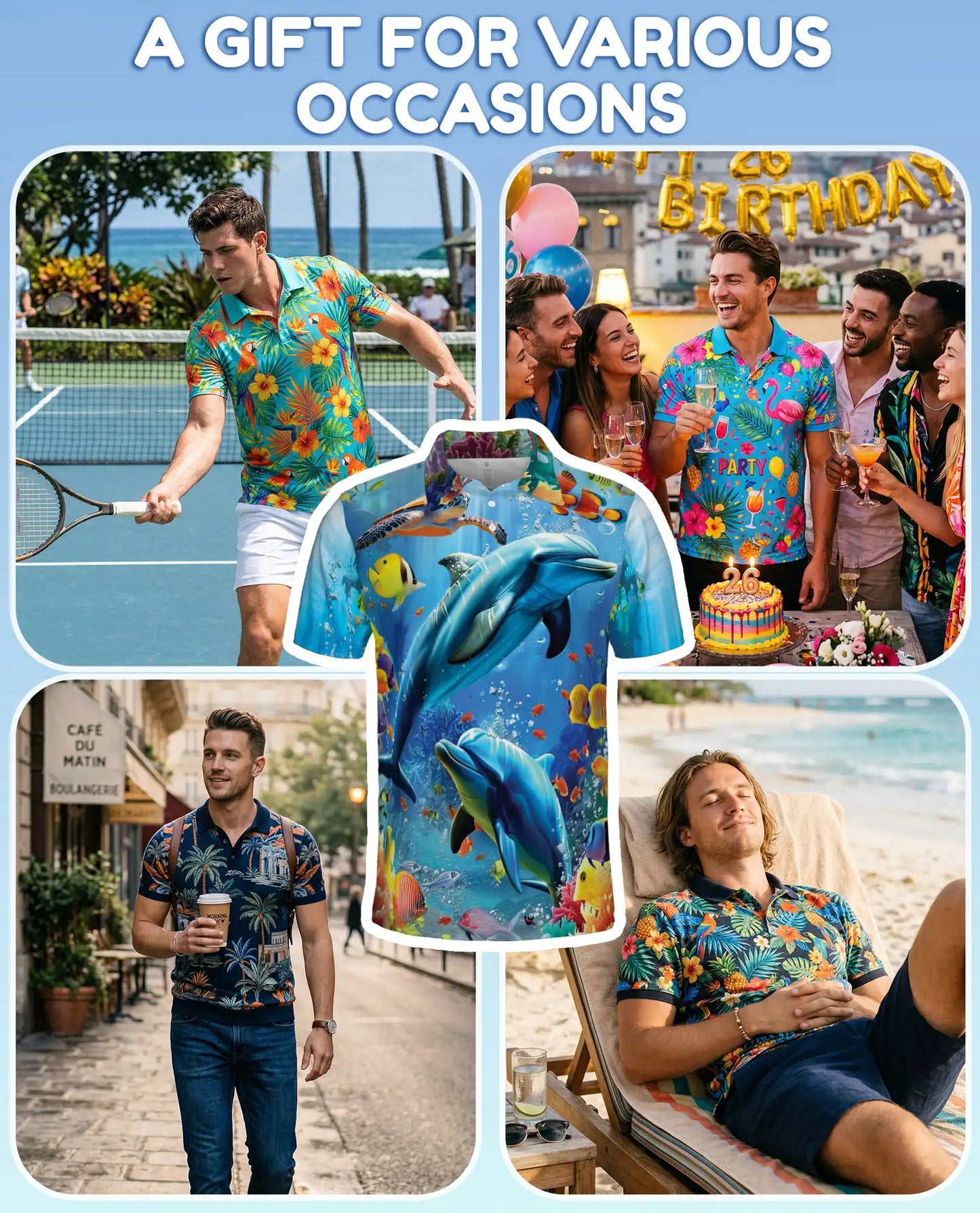 Underwater Dolphin Polo Shirt for Men, Tropical Ocean Sea Style | Azhawaiian