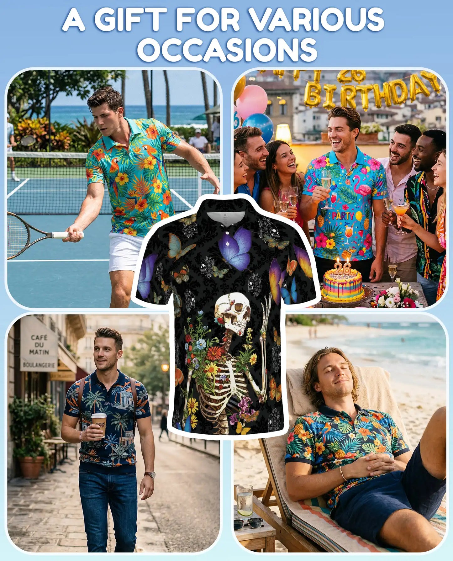 Floral Skeleton Polo Shirt for Men, Gothic Butterfly Design | Azhawaiian