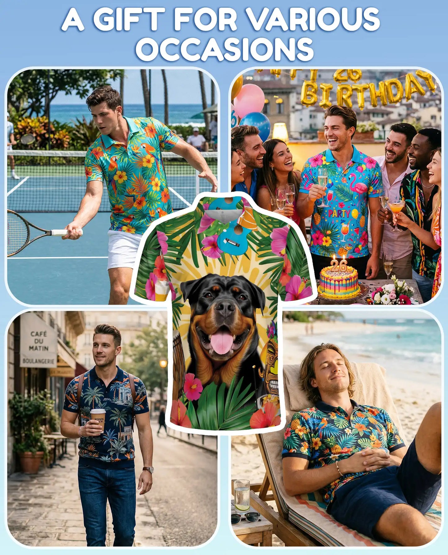 Rottweiler Tropical Polo Shirt For Men- Dog Beach Summer Island Aloha| Azhawaiian