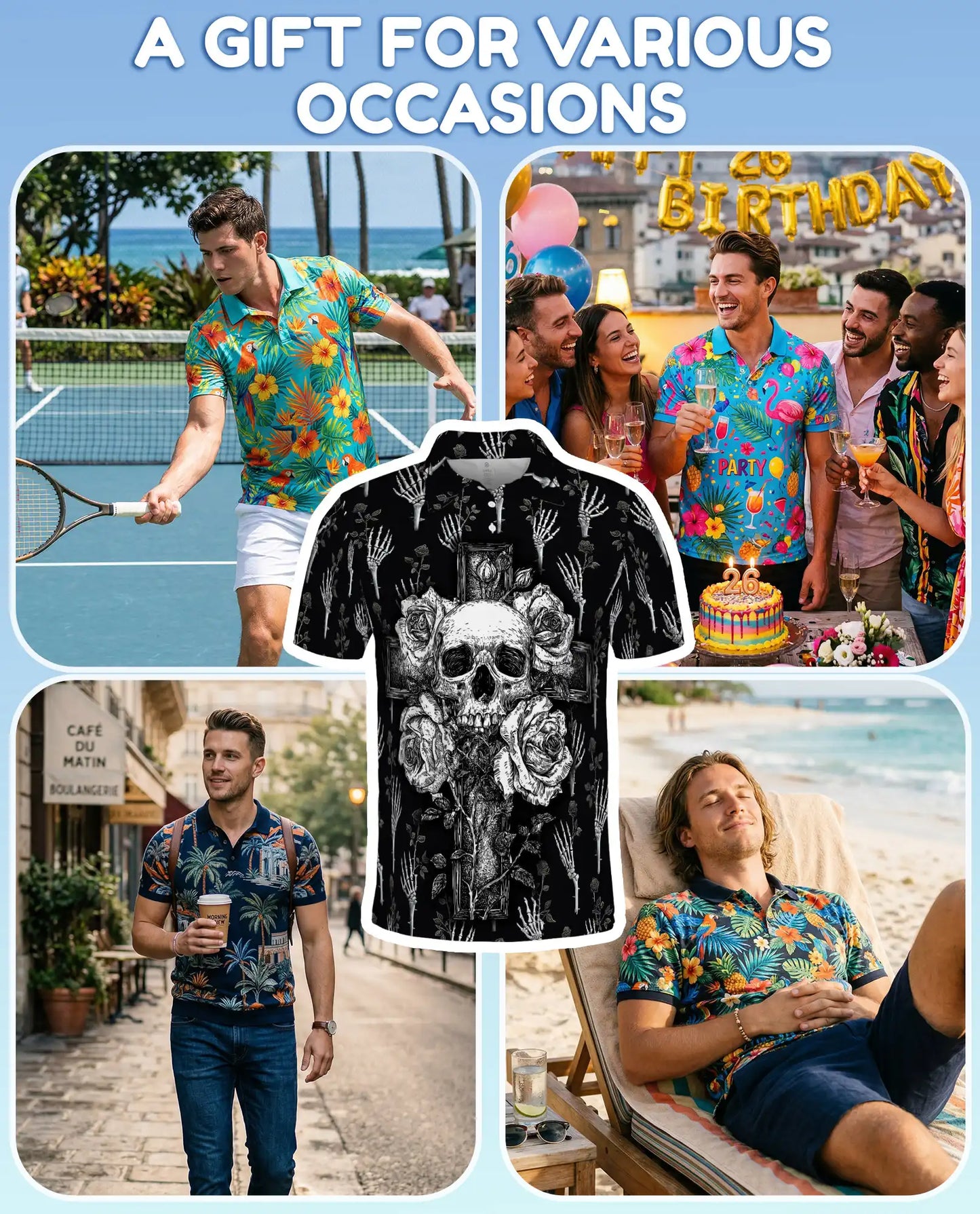 Gothic Skull Cross Polo Shirt - Dark Floral Horror Style | Azhawaiian
