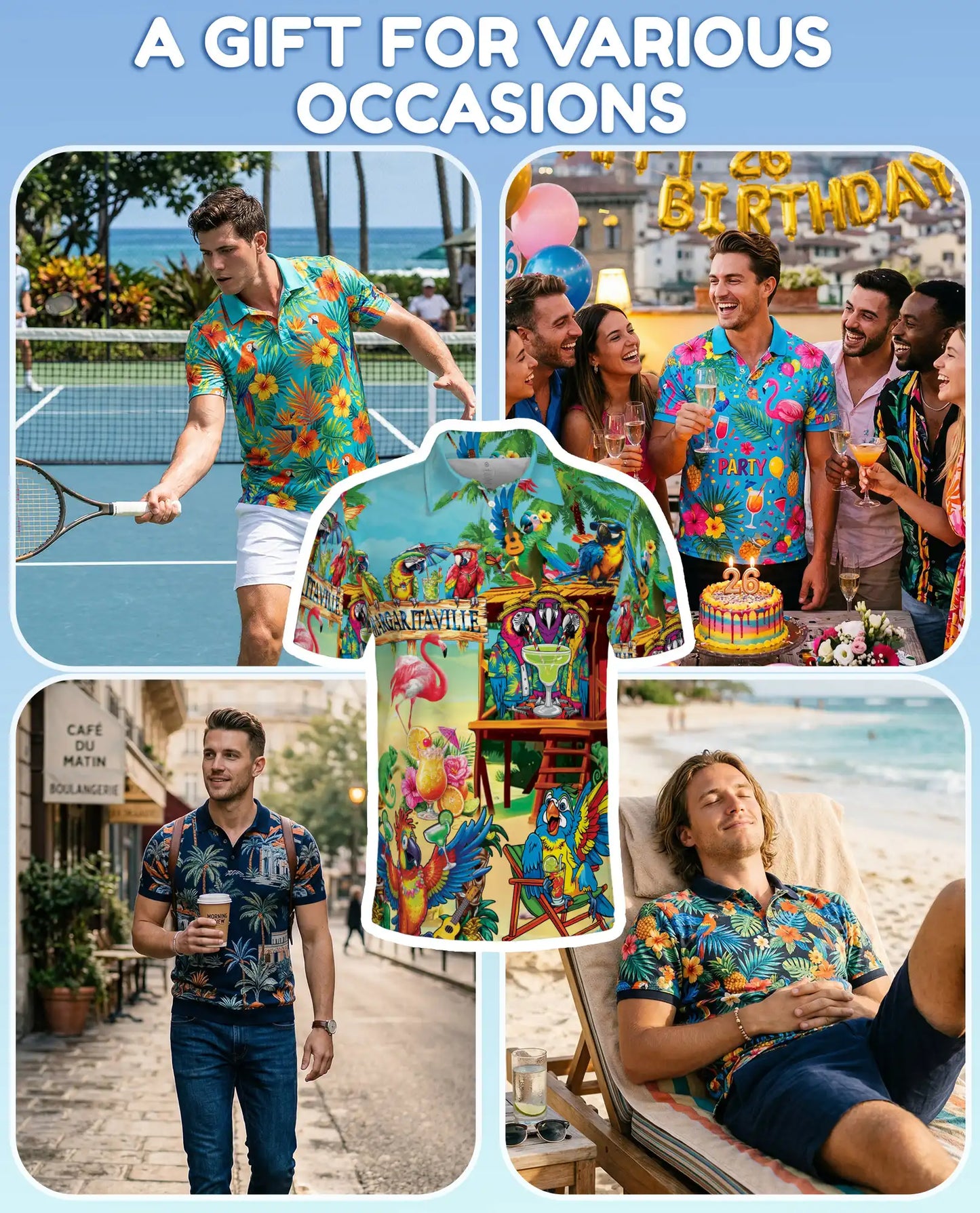 Parrot Tiki Bar Polo Shirt for Men, Tropical Party Style | Azhawaiian