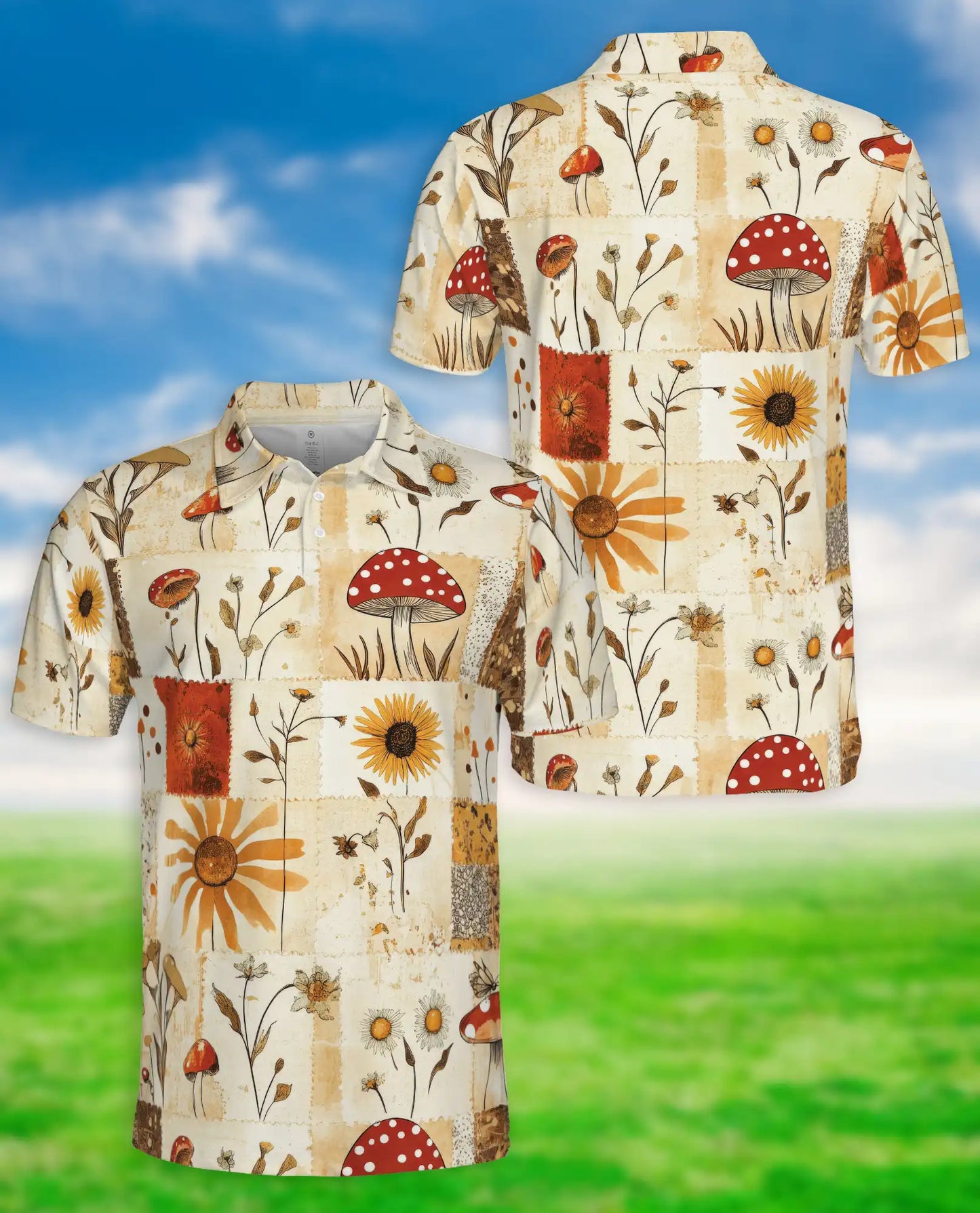 Vintage Mushroom Polo Shirt, Botanical Wildflower Print | Azhawaiian