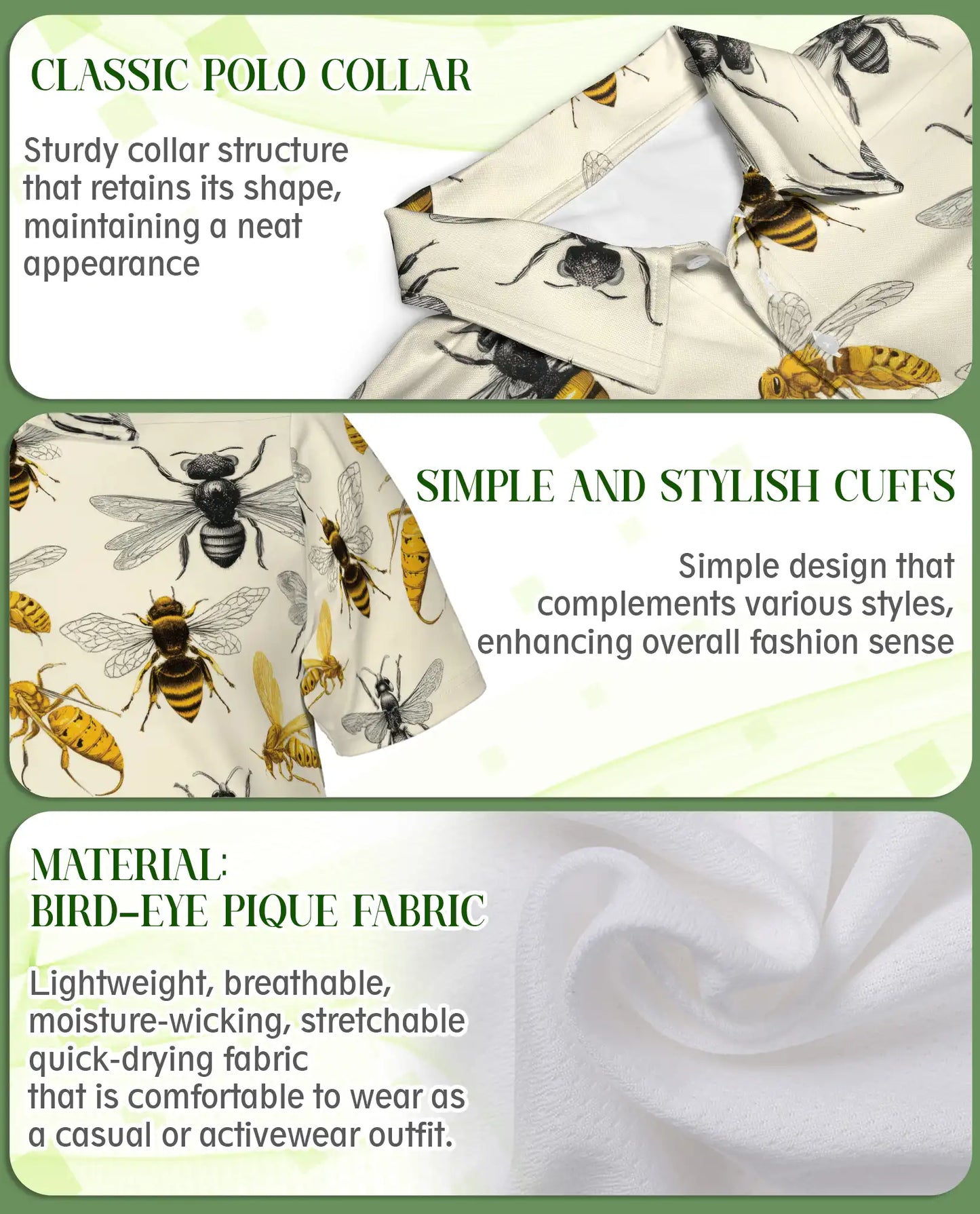Bee Polo Shirt, Vintage Pollinator Insect Print | Azhawaiian