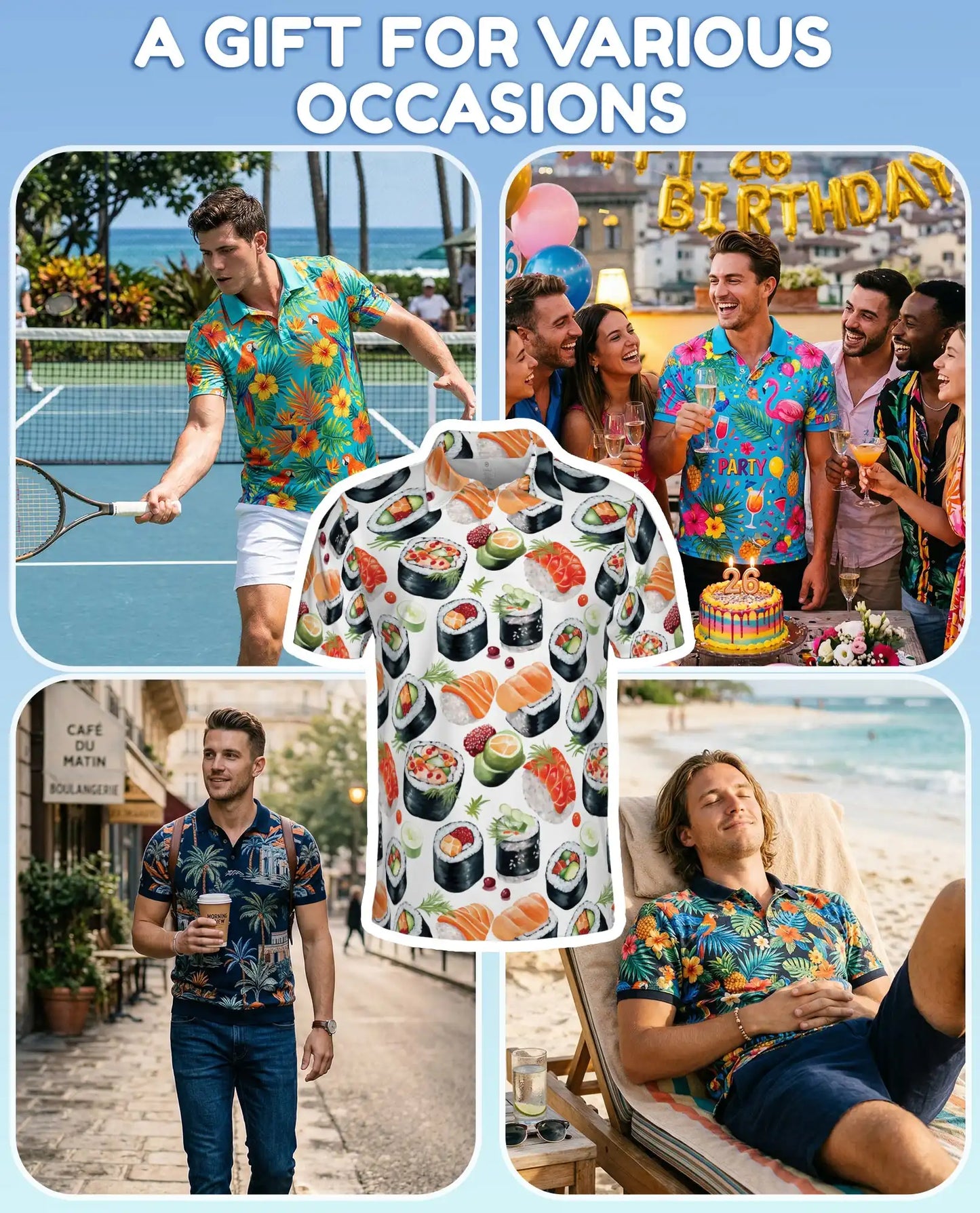 Sushi Roll Polo Shirt for Men, Japanese Food Style | Azhawaiian