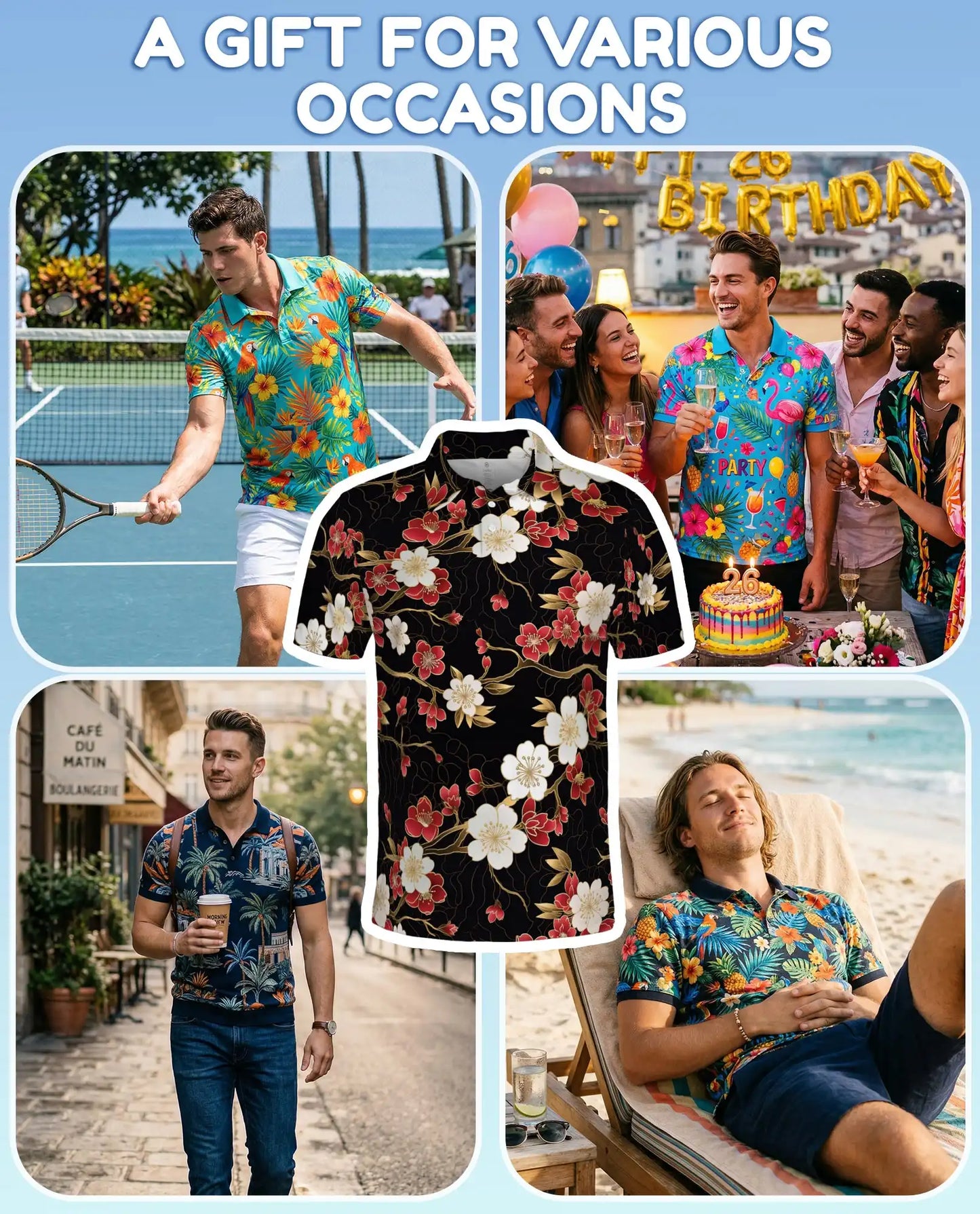 Red Blossom Polo Shirt for Men, Elegant Floral Style | Azhawaiian