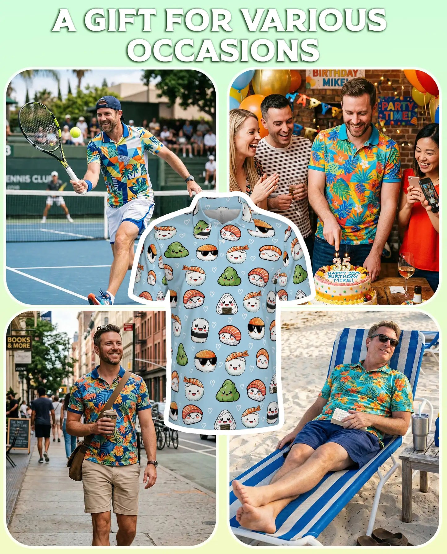 Cute Sushi Polo Shirt, Kawaii Food Print | Azhawaiian