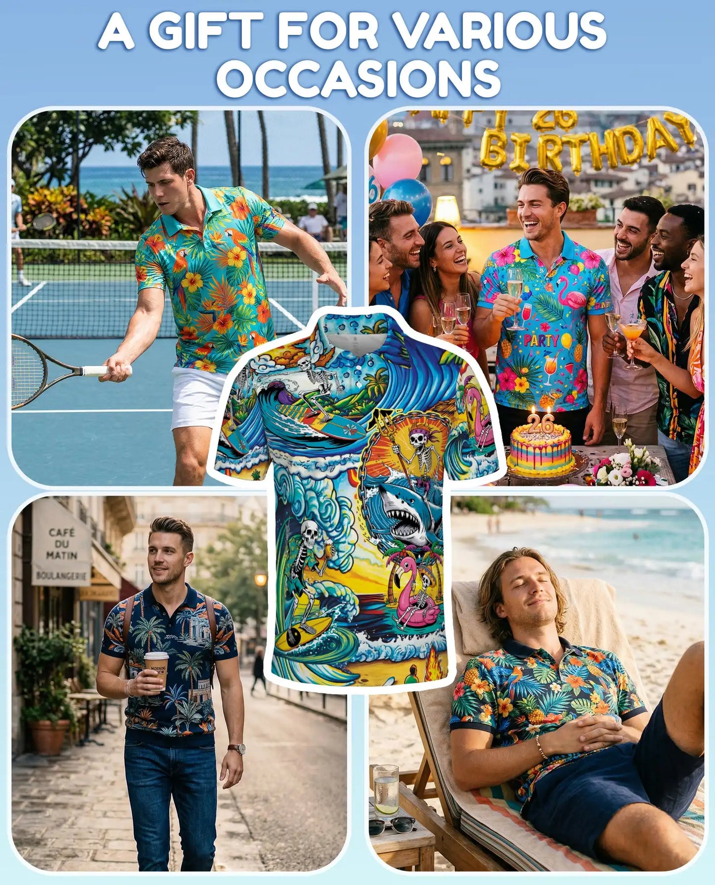 Surfing Skeleton Polo Shirt, Tropical Beach Skull Style| Azhawaiian