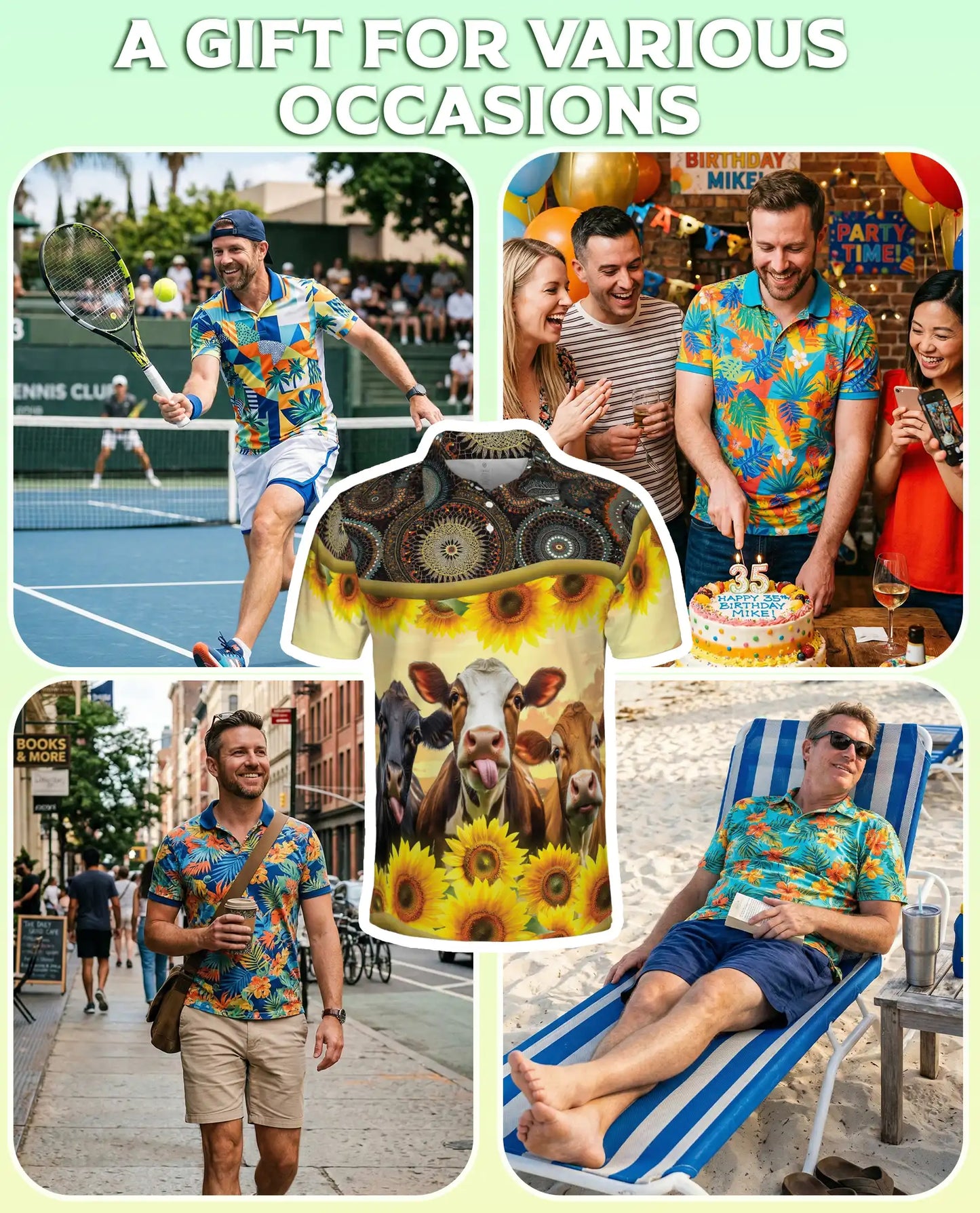 Cow Sunflower Polo Shirt, Rustic Farm Print | Azhawaiian
