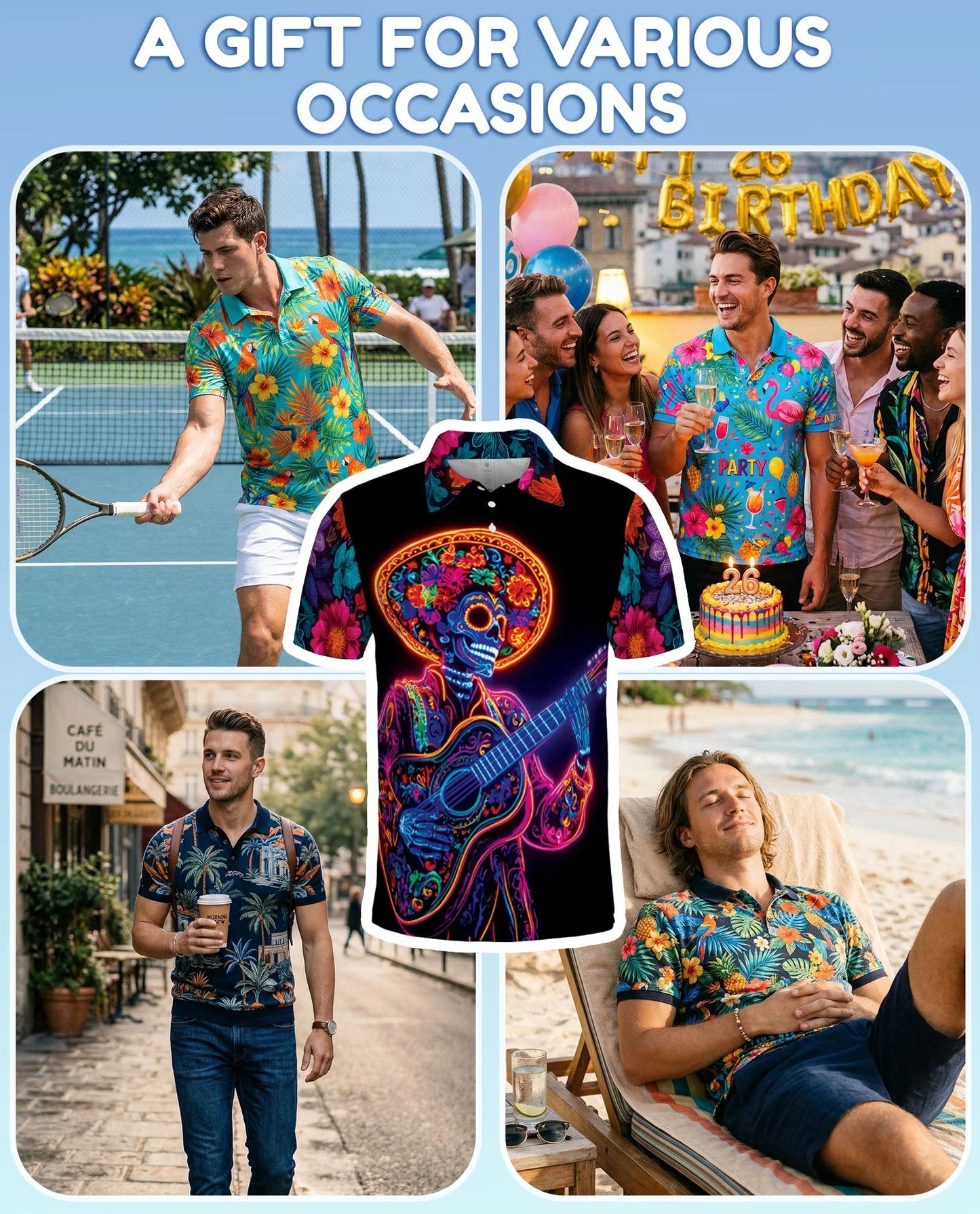 Day of the Dead Skeleton Guitar Polo Shirt for Men, Rock Skull Style | Azhawaiian